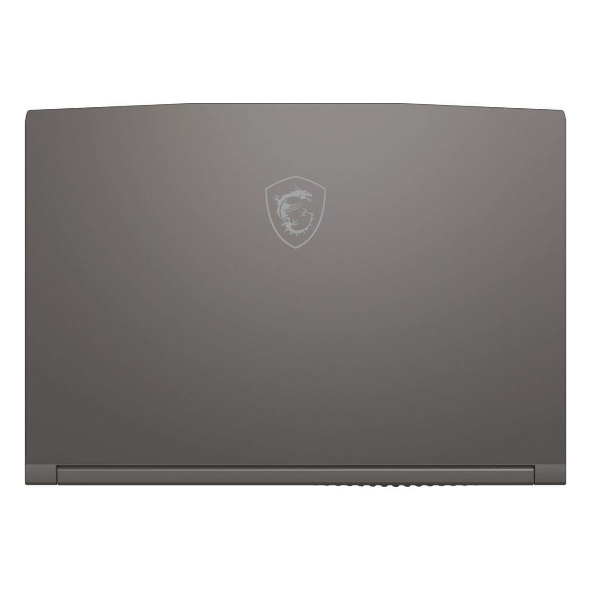 Ein geschlossener, grauer Laptop mit silbernem MSI-Logo ist mittig auf dem Deckel. Der Laptop hat eine rechteckige Form und eine glatte Oberfläche.