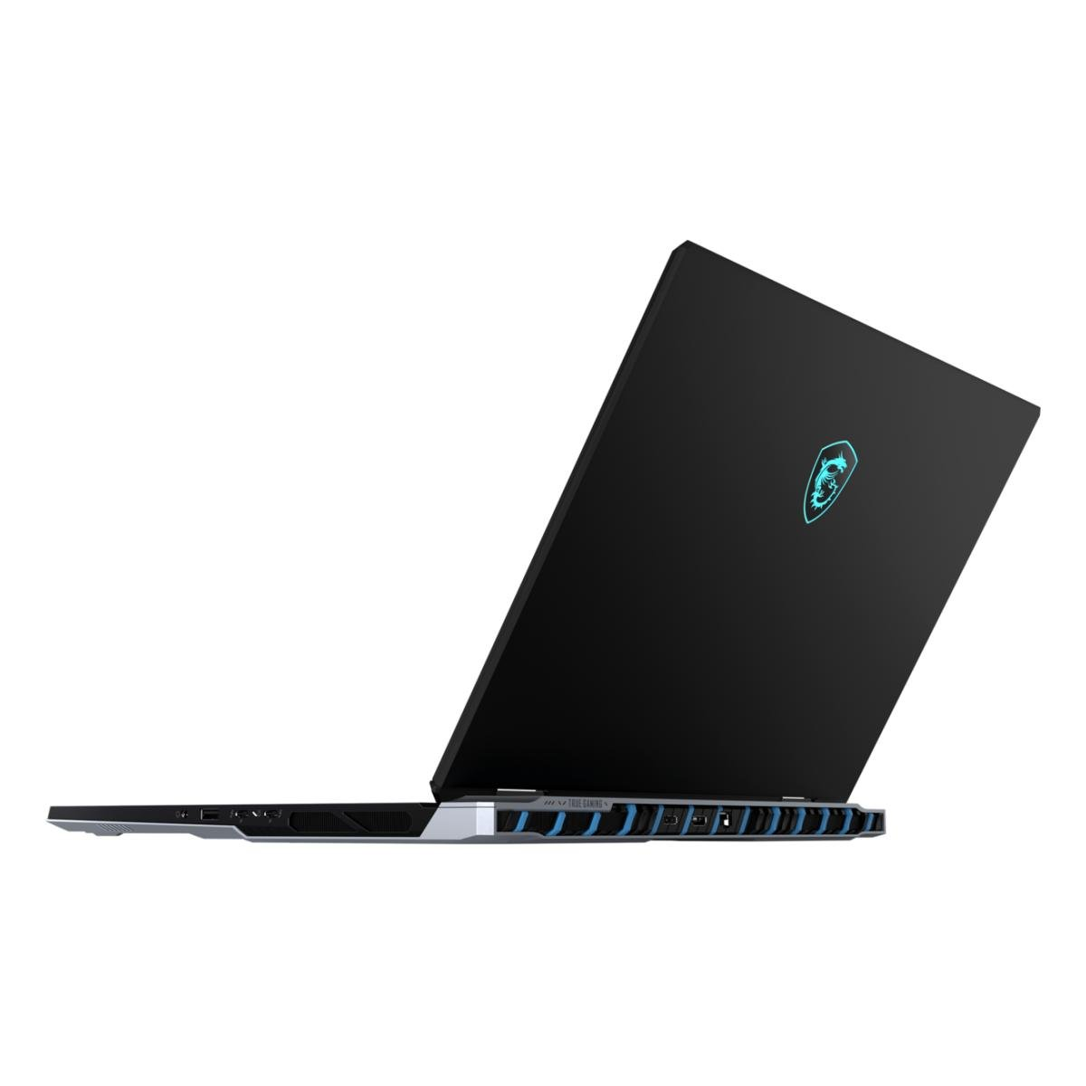 Schwarzer Laptop mit geöffnetem Deckel. Auf der Rückseite des Laptops befindet sich ein blau leuchtendes Drachenlogo.