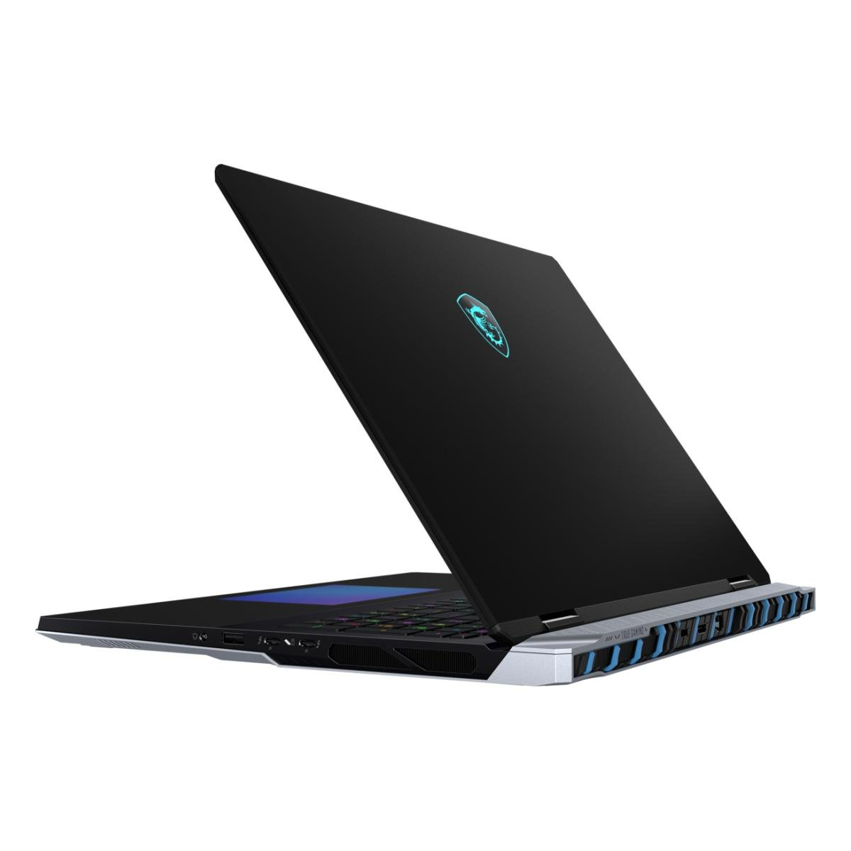 Schwarzer Laptop mit geöffnetem Bildschirm. Die Tastatur ist sichtbar. Das Logo leuchtet blau. Der Hintergrund ist weiß.