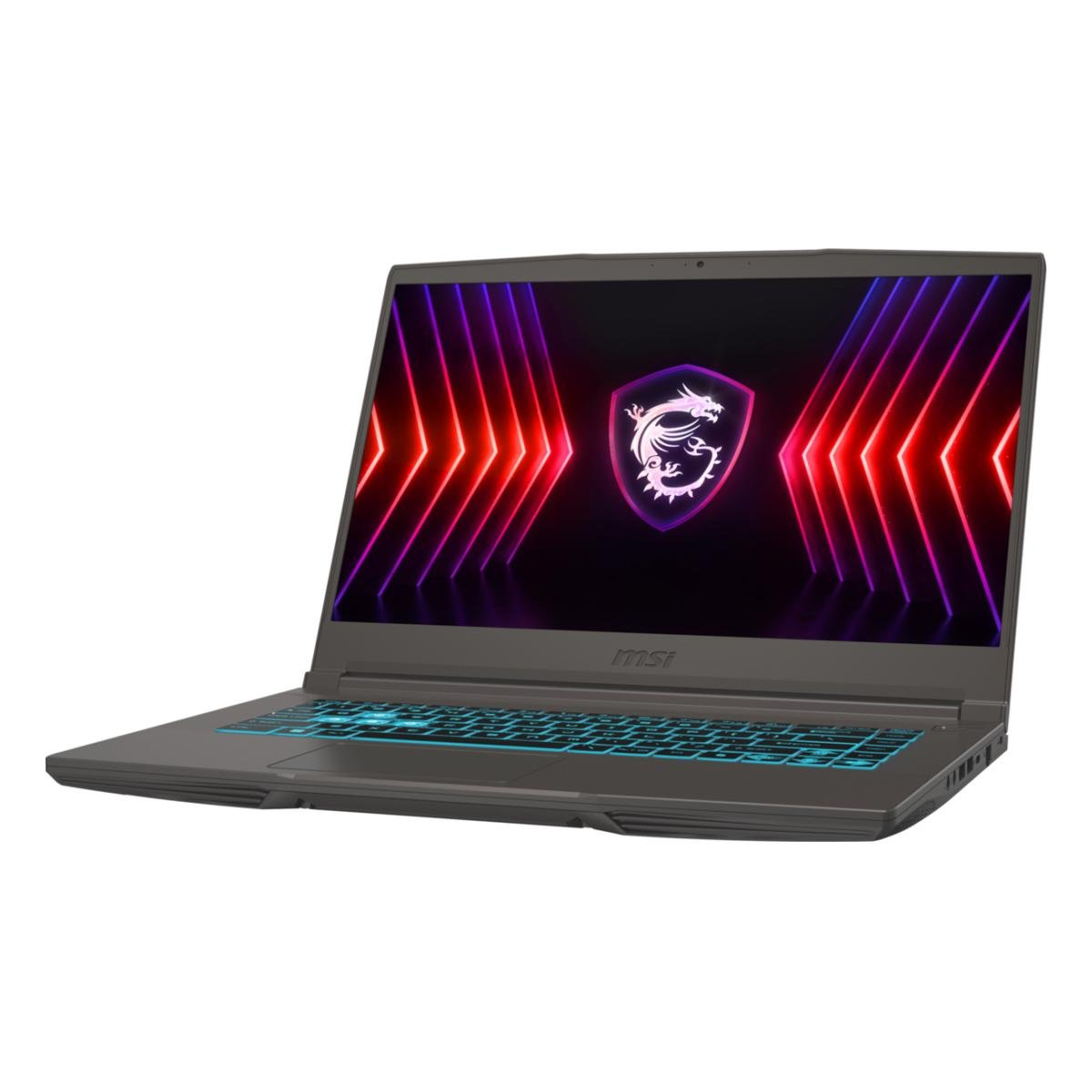 Ein grauer MSI-Laptop ist geöffnet. Der Bildschirm zeigt ein Drachenlogo mit roten und lila Linien. Die Tastatur hat blaue Lichter.