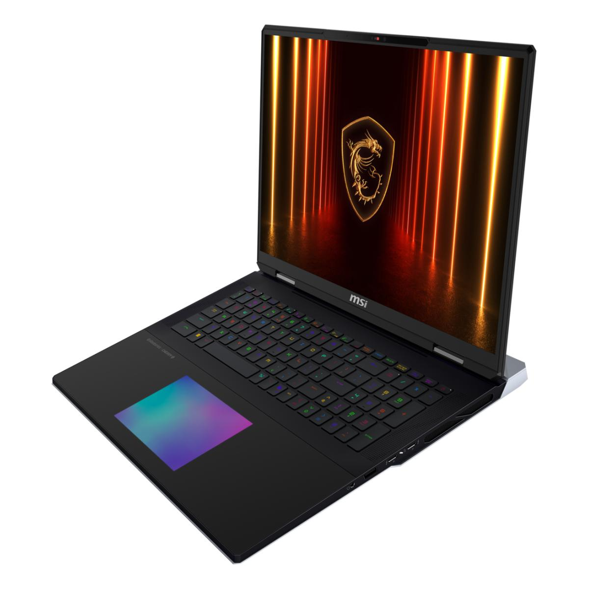 Schwarzer MSI-Laptop mit leuchtendem Bildschirm, goldenem Drachenemblem. Die Tastatur leuchtet. Das Touchpad hat einen Farbverlauf.