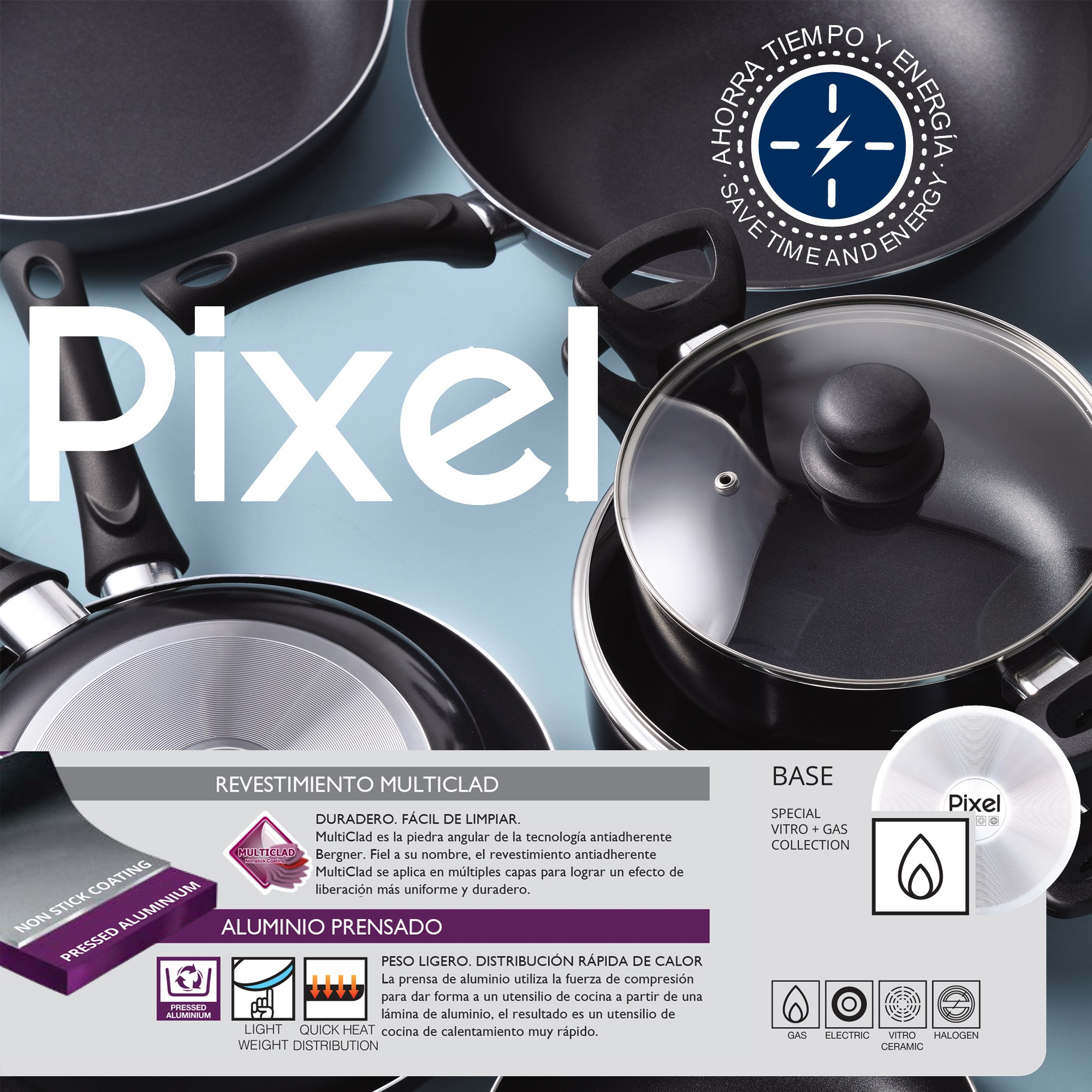 La imagen muestra utensilios de cocina Pixel negros con superposiciones de texto. Se ven sartenes y una olla con tapa de vidrio.