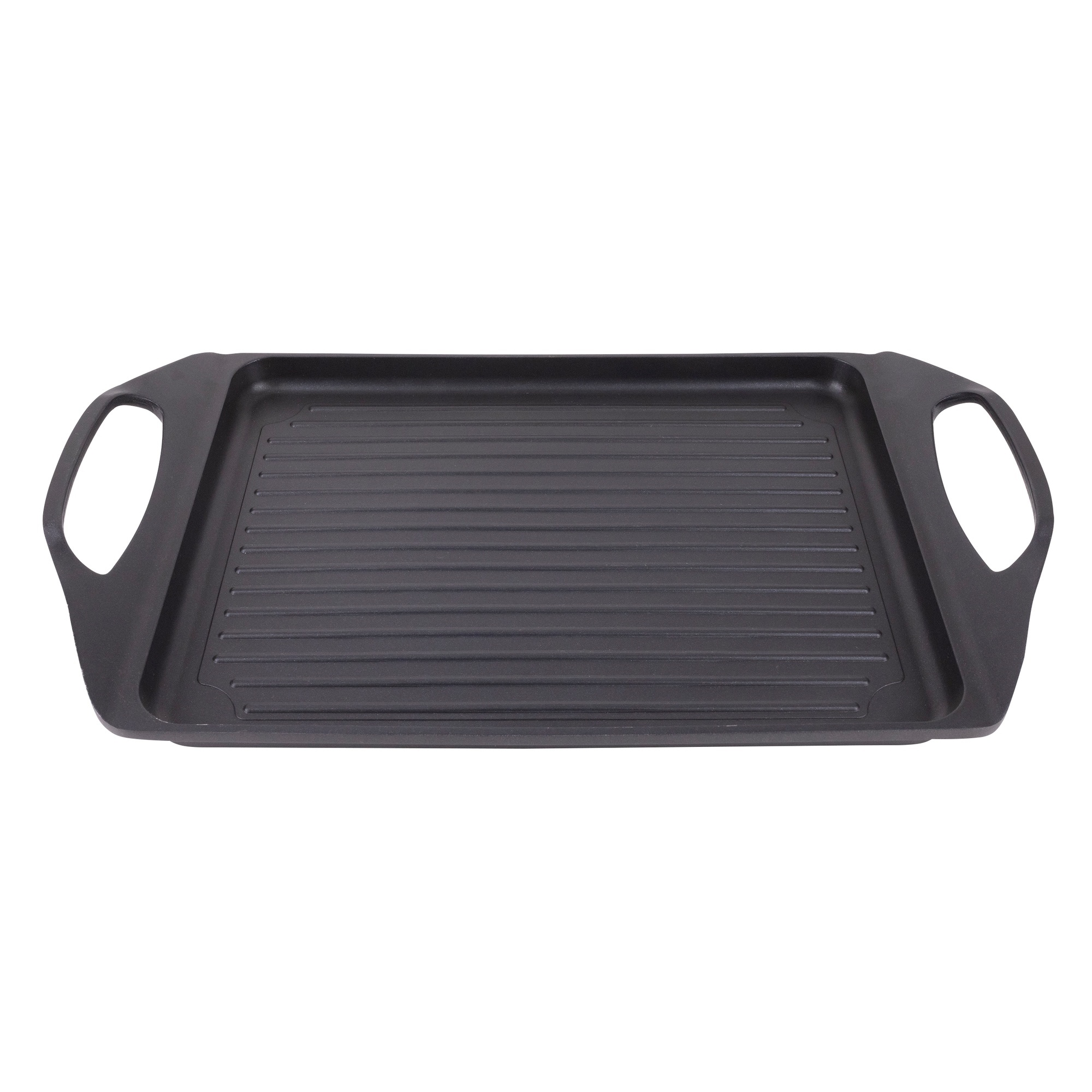 Sartén rectangular negro con asas sobre fondo blanco. La sartén tiene ranuras para asar.