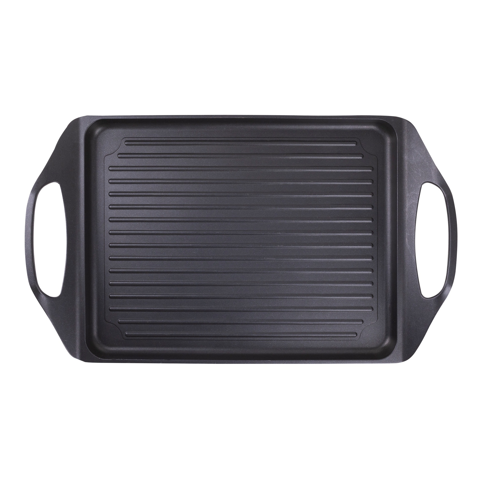 Una sartén rectangular negra con superficie acanalada y dos asas, aislada sobre un fondo blanco.