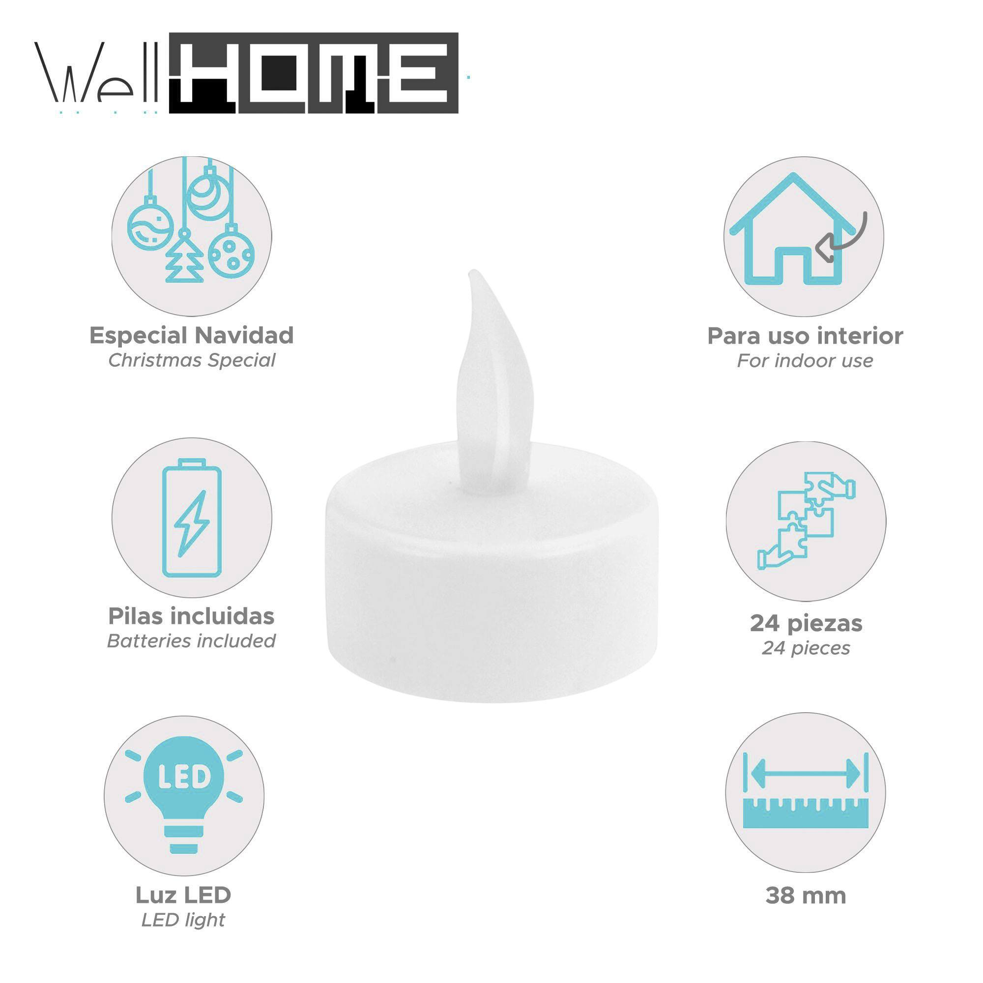 Vela LED blanca con llama. El texto incluye 'Especial Navidad', 'Pilas incluidas', '24 piezas' y 'Luz LED'.