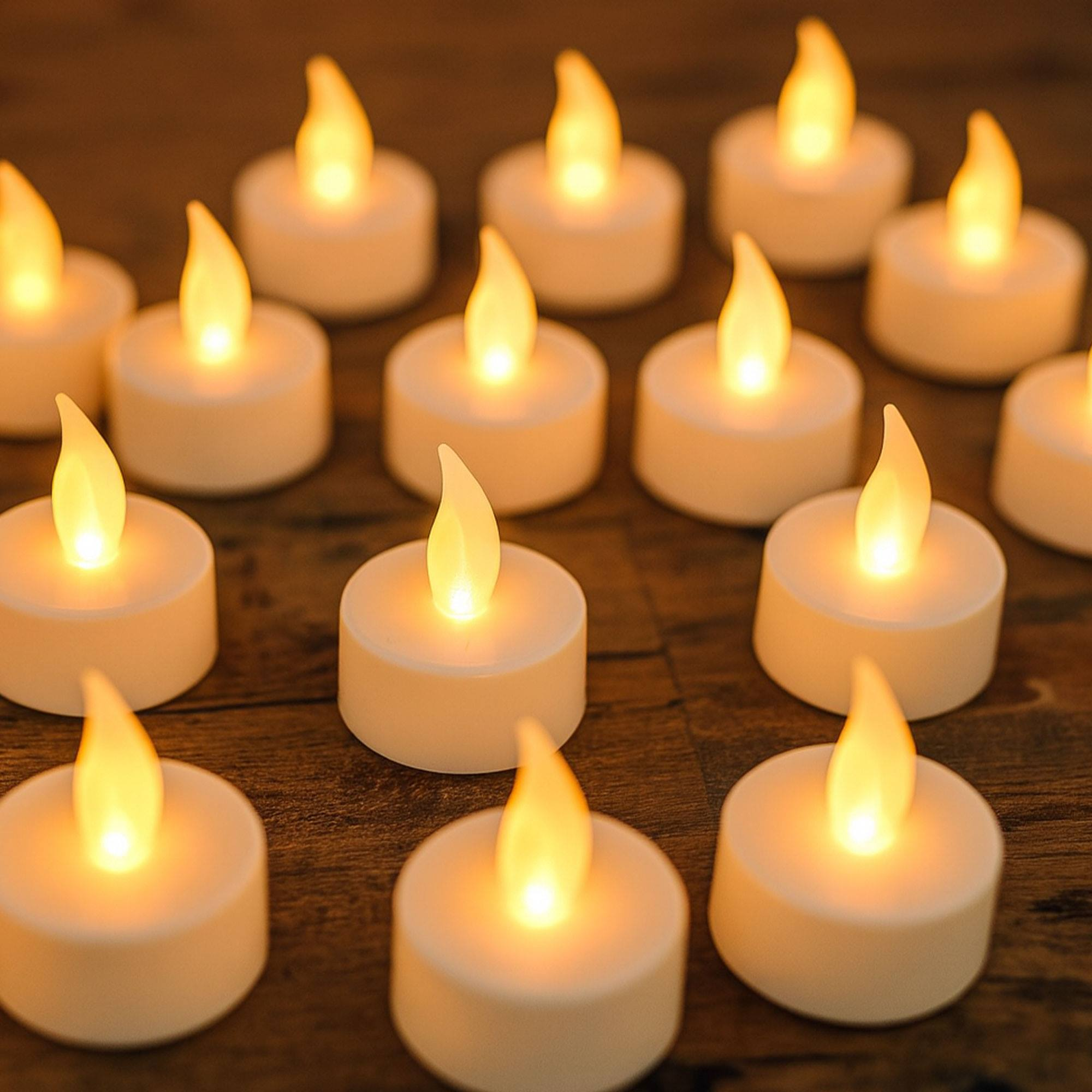Primer plano de numerosas velas encendidas a pilas. Las velas son blancas con luces amarillas en forma de llama.