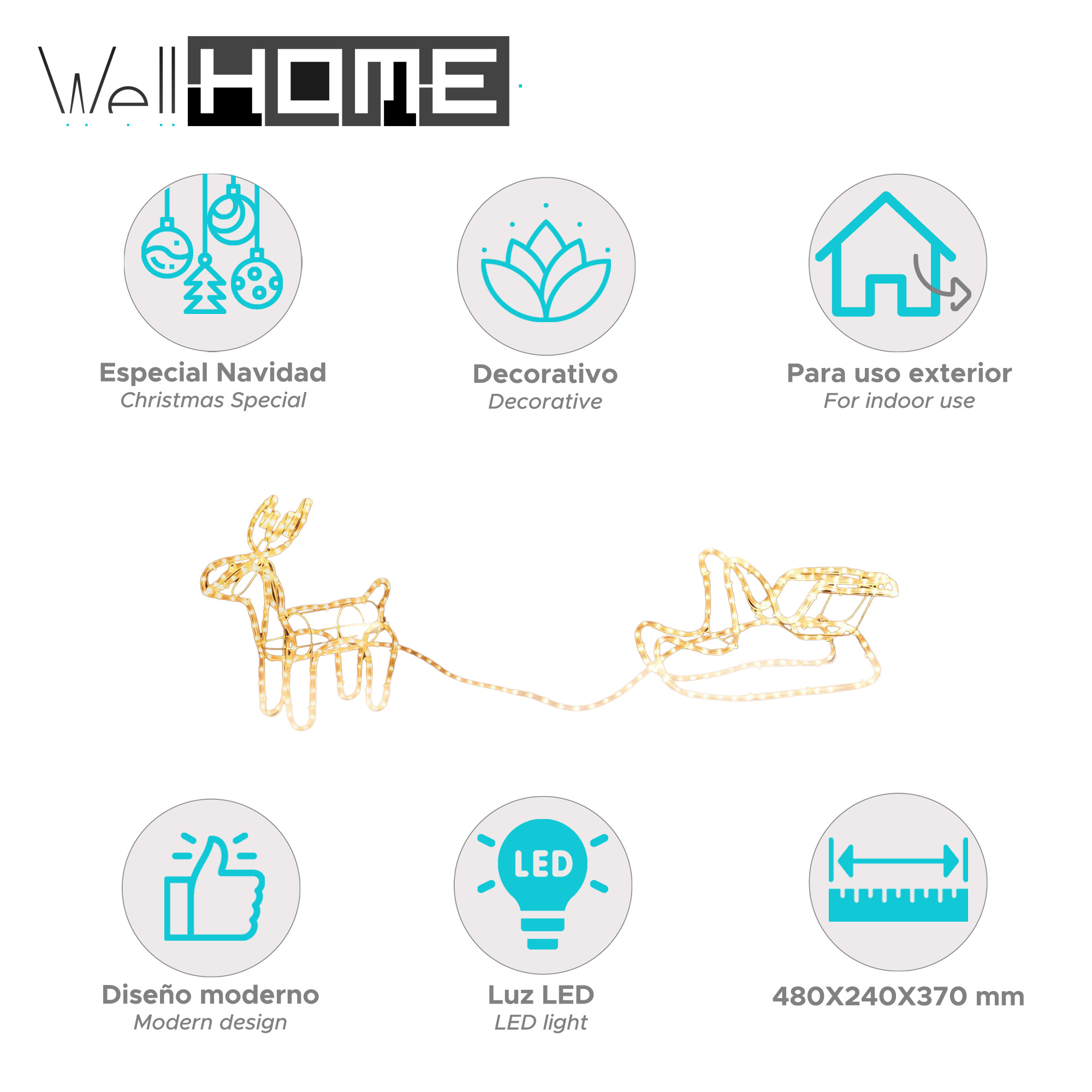 Una luz navideña decorativa con diseño de reno y trineo, con varios iconos y texto sobre fondo blanco.