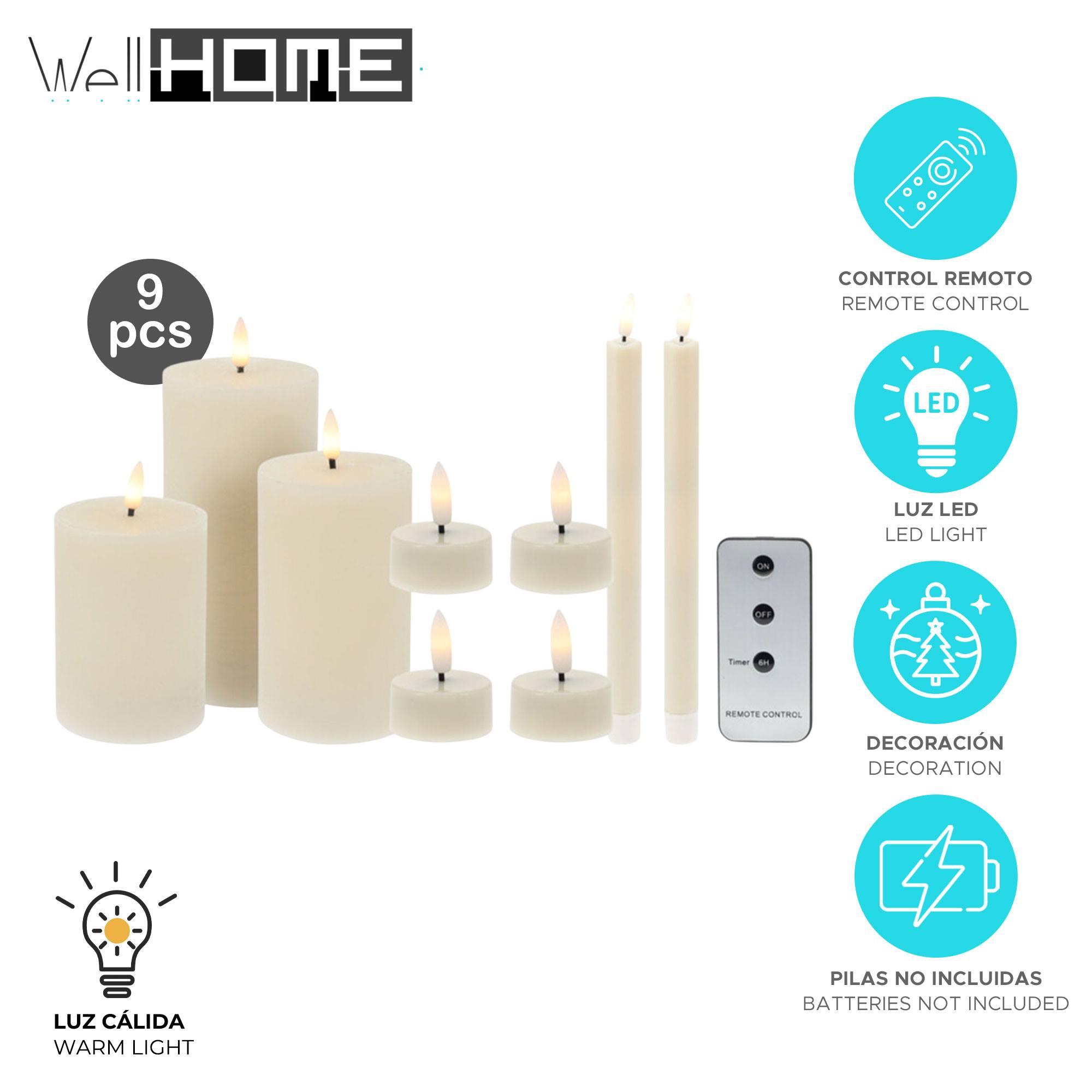 Juego de 9 velas LED con mando a distancia. Incluye velas de pilar, cónicas y de té. Cuenta con luz cálida y decoración.