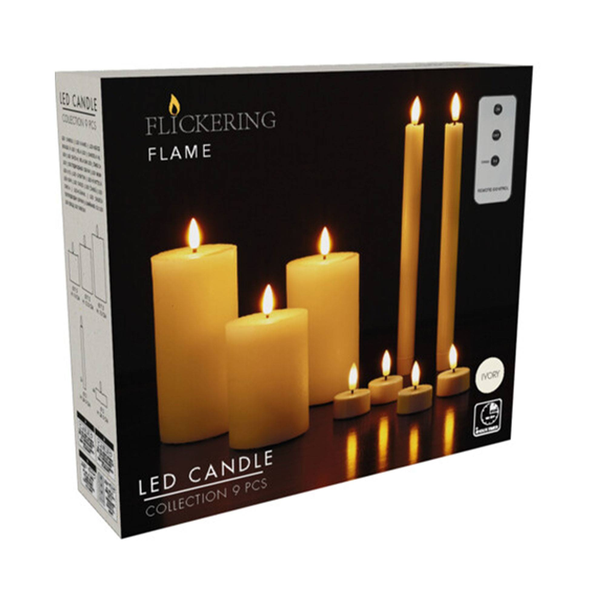 Una caja muestra velas LED: altas, redondas y de té. La caja dice 'Flickering Flame' y 'Ivory'.