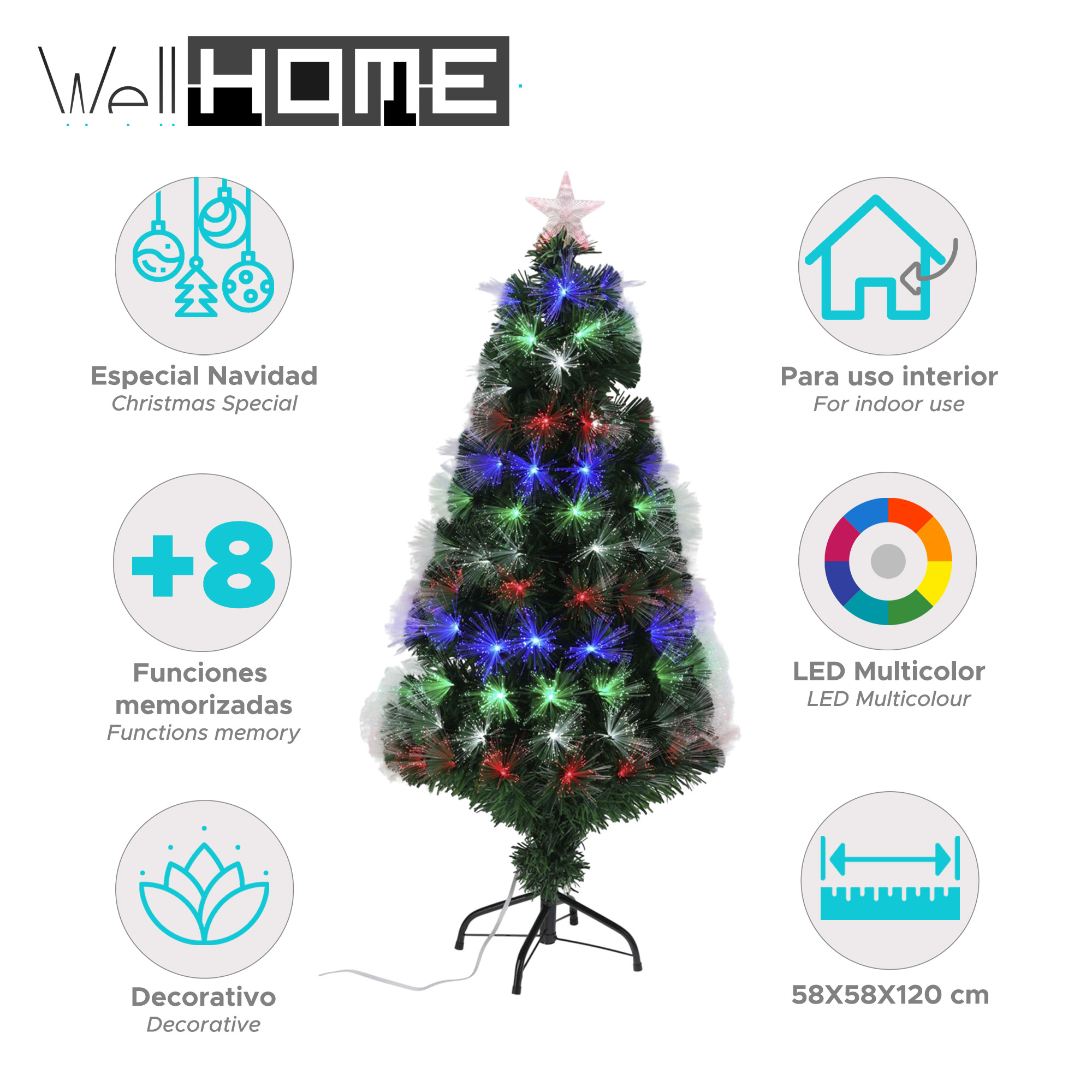Árbol de Navidad con luces de colores, estrella en la parte superior y detalles de tamaño. Texto: Especial Navidad, uso interior, LED multicolor.