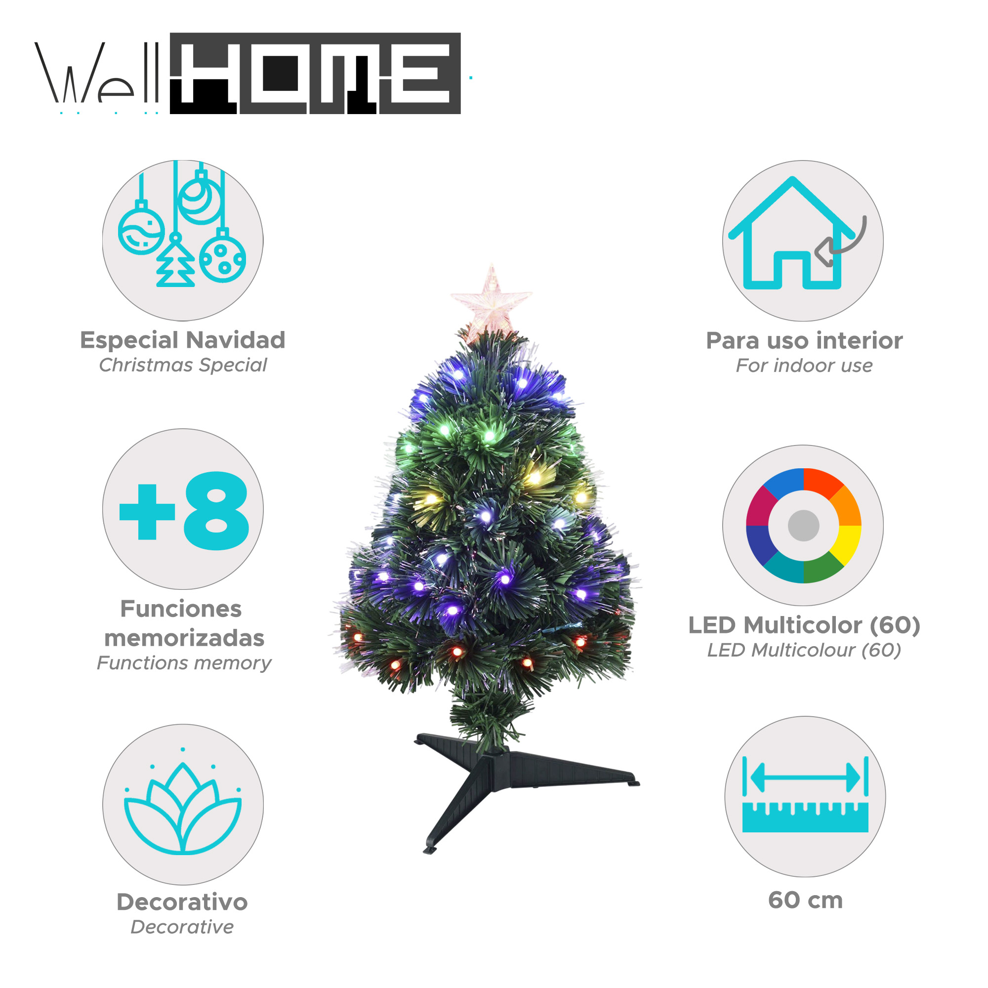 Un pequeño árbol de Navidad con luces de colores, una estrella en la parte superior y un soporte negro, rodeado de iconos informativos.