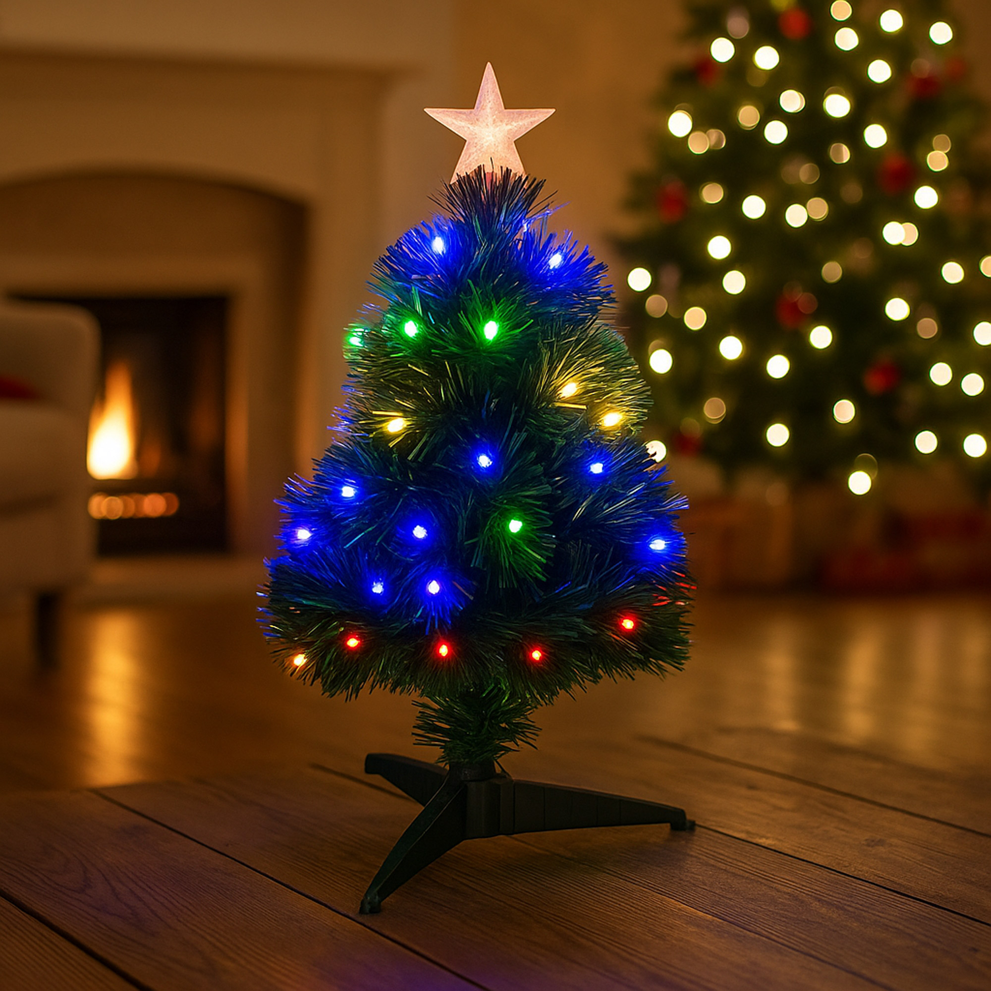 Un pequeño árbol de Navidad con luces de colores y una estrella encima, sobre un suelo de madera. Otro árbol al fondo.