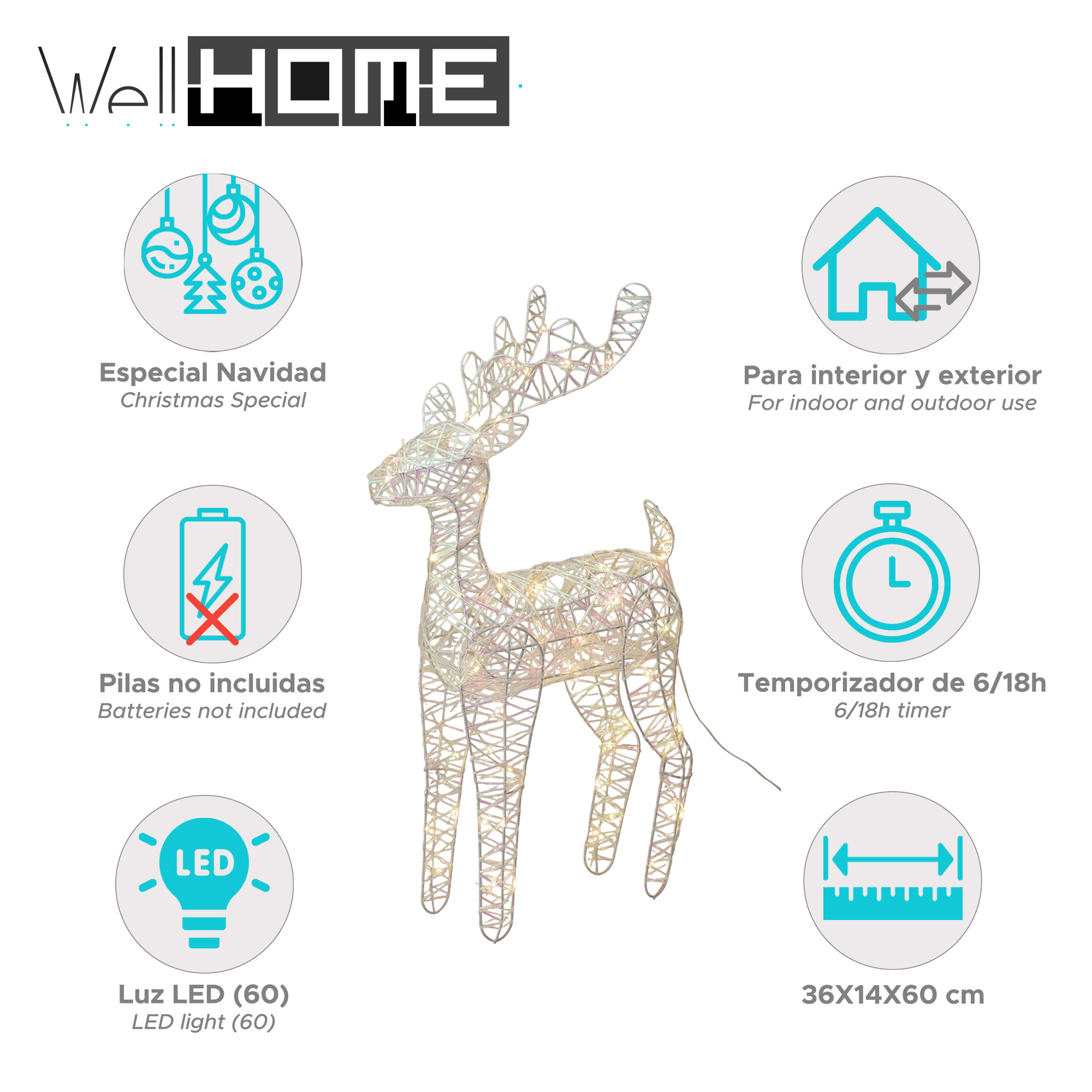 Un reno decorativo hecho de luces. Es para Navidad. Incluye luz LED, temporizador y detalles de tamaño.
