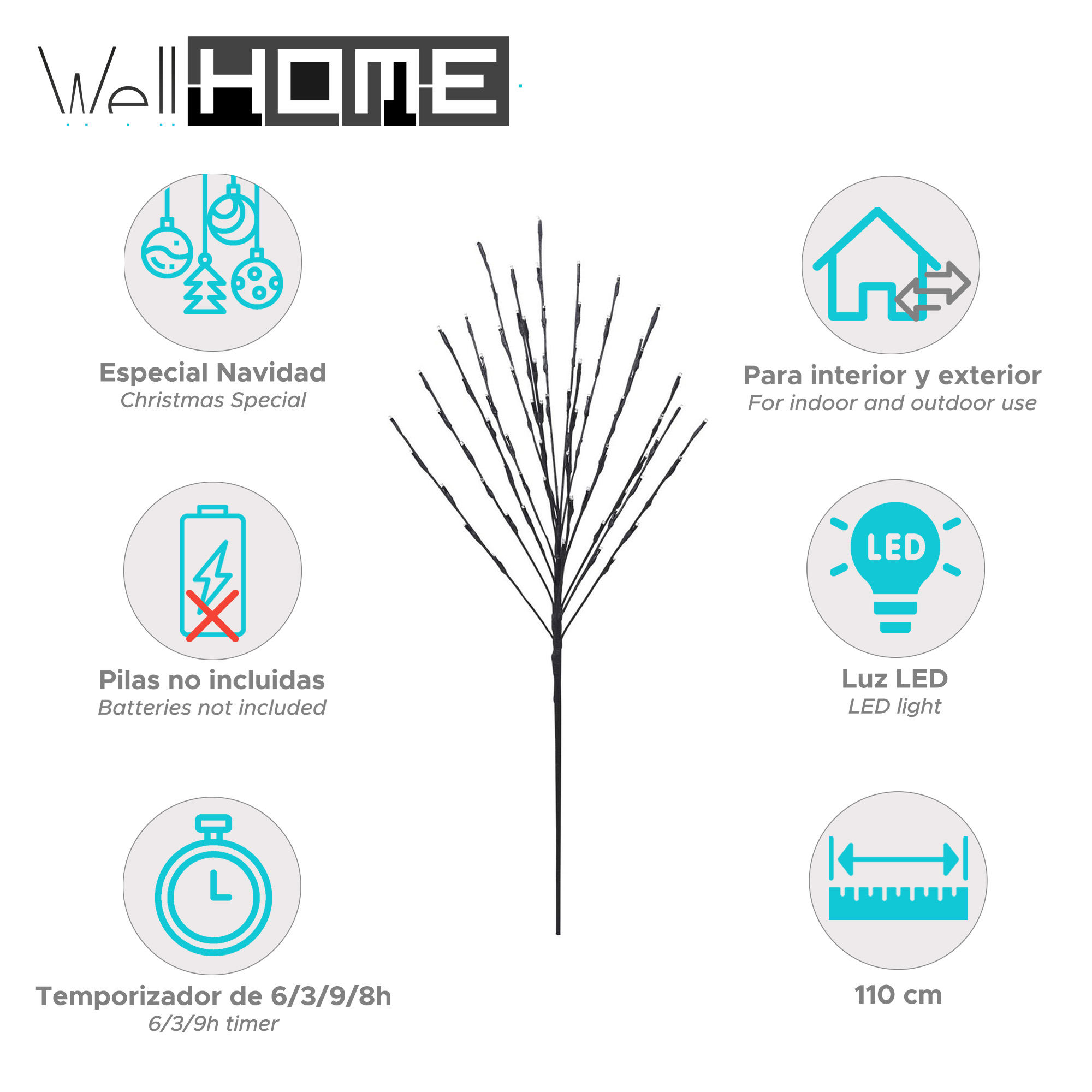Un tallo negro decorativo con luces LED, detalles del producto en español e inglés e iconos.