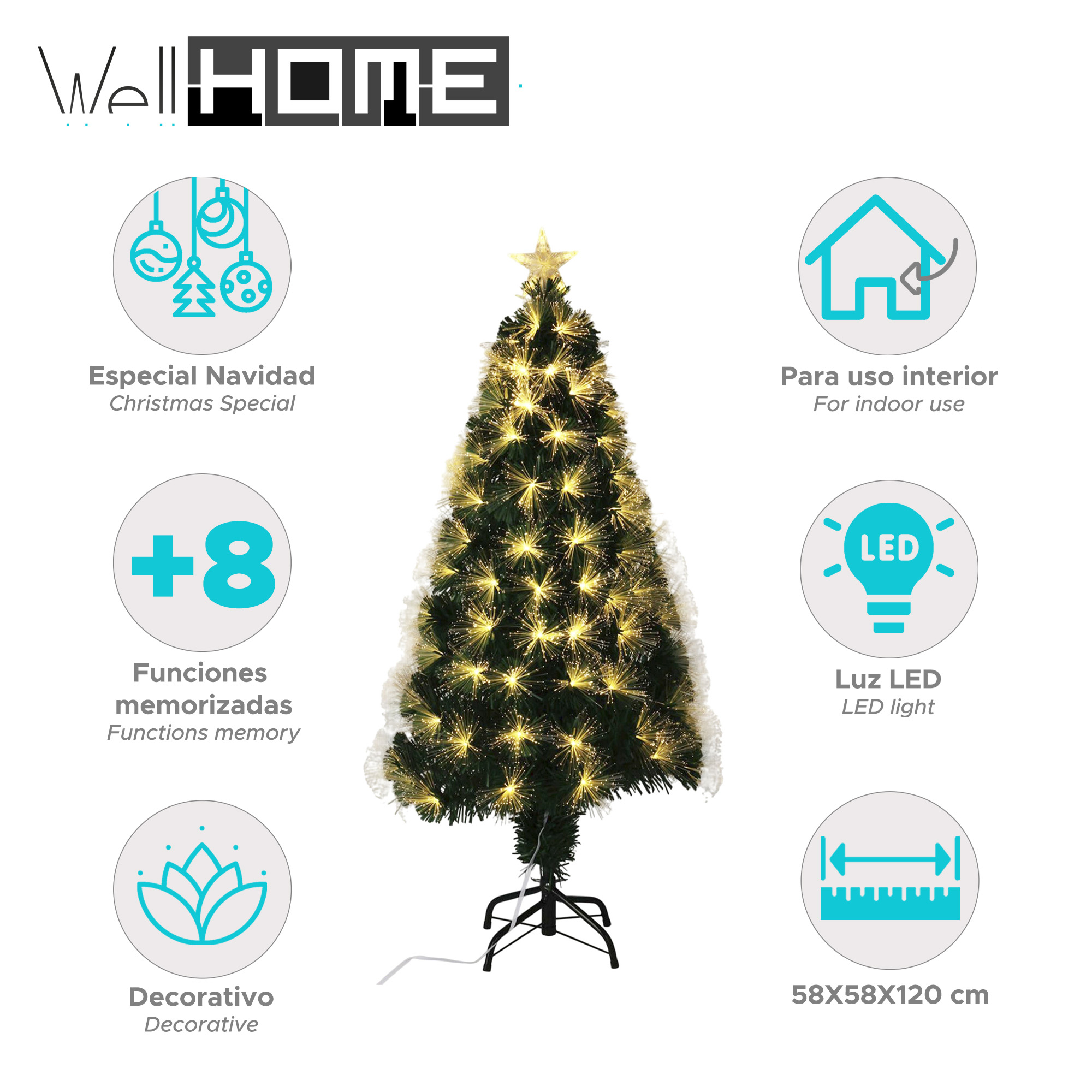 Un árbol de Navidad iluminado con una estrella en la parte superior. Tiene un soporte negro. Hay iconos con texto alrededor, con dimensiones.