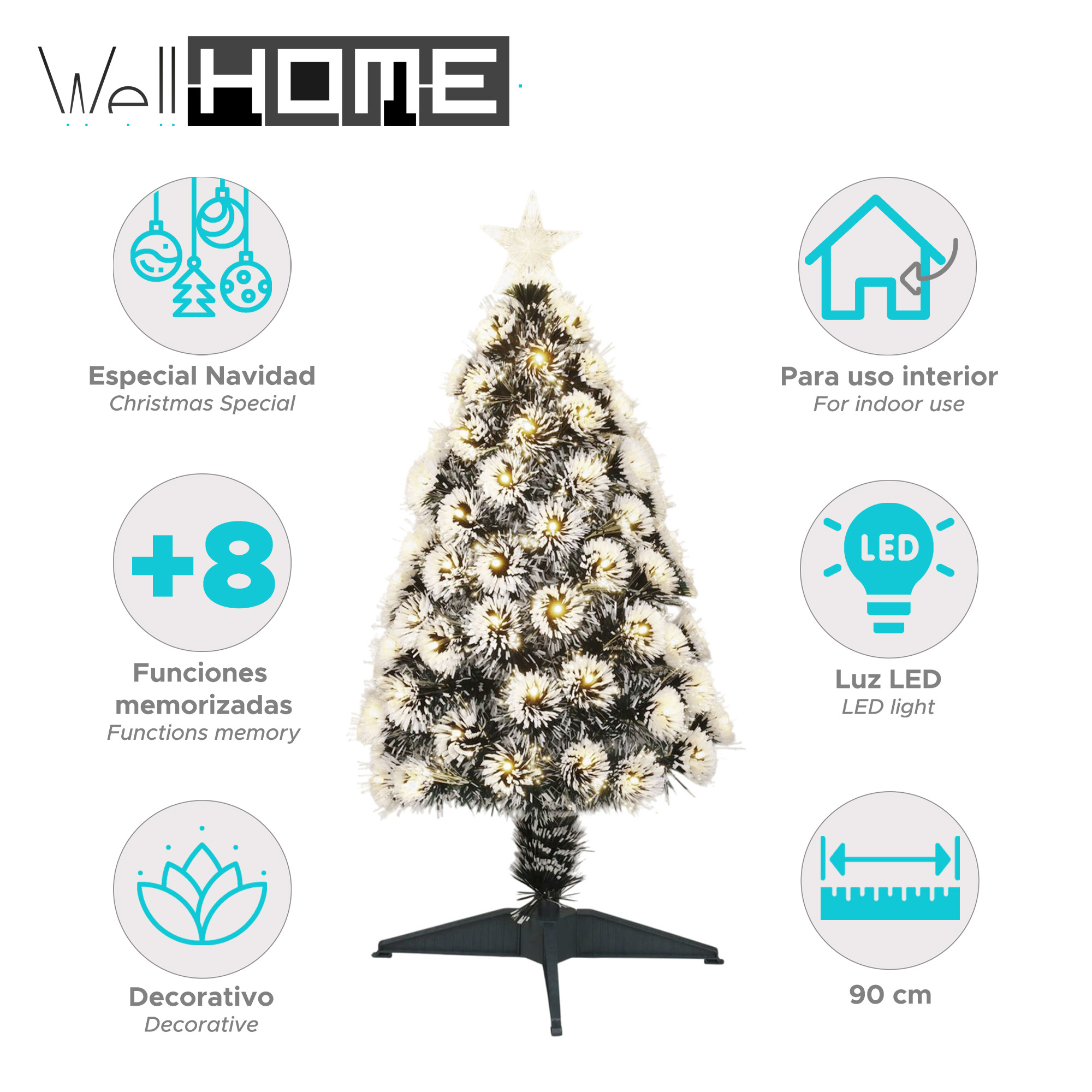 Un árbol de Navidad con agujas blancas y negras, iluminado por luces cálidas y una estrella en la parte superior.