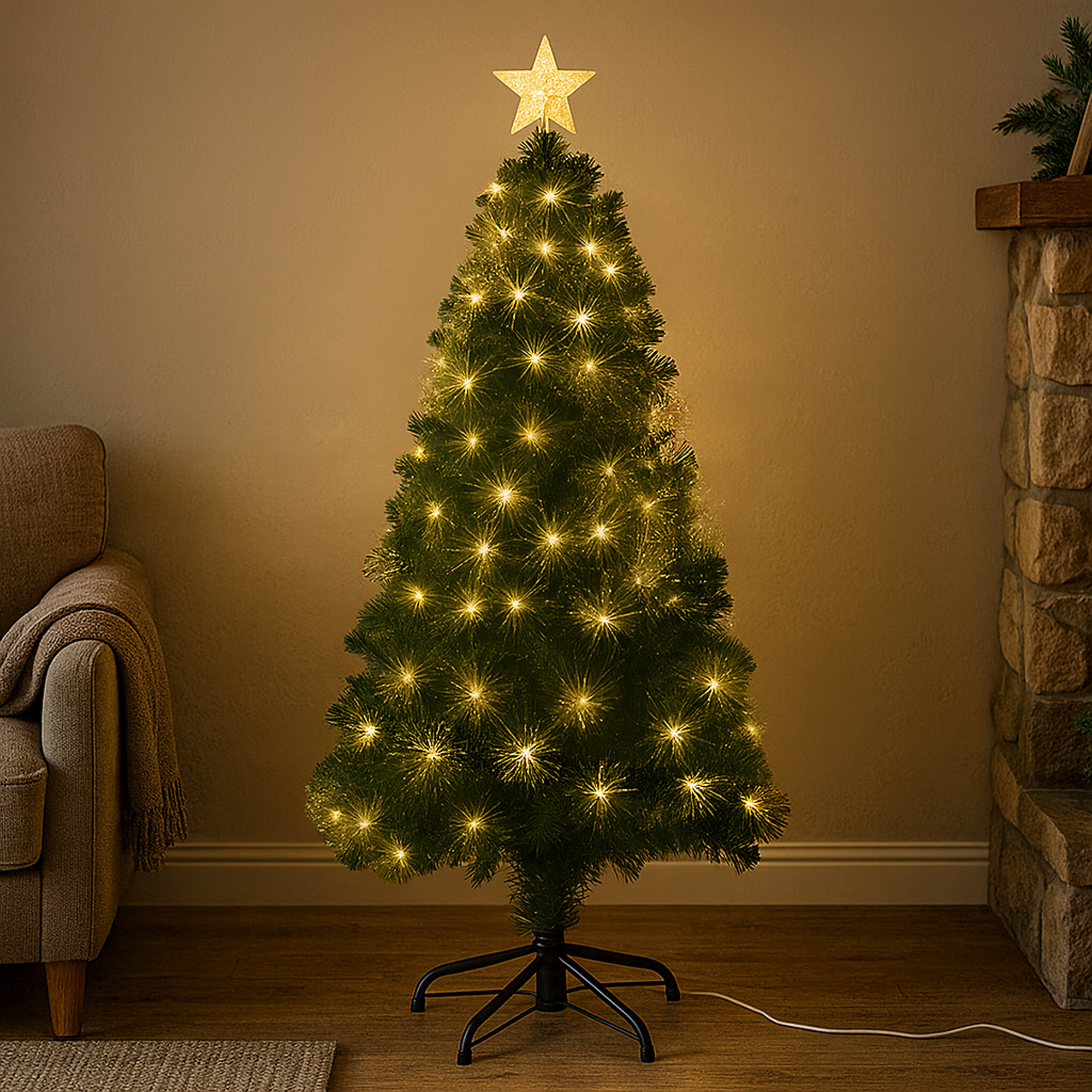 Un árbol de Navidad iluminado con una estrella. Sofá y chimenea de piedra al fondo.