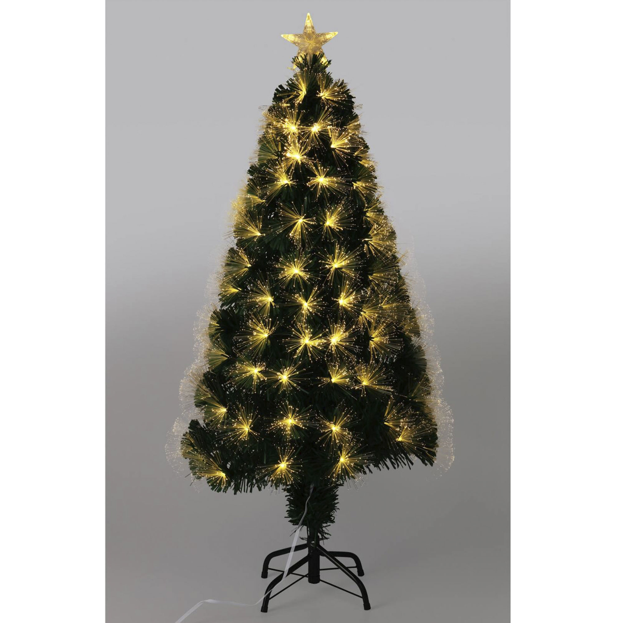 Un árbol de Navidad iluminado, con una estrella en la parte superior y muchas luces pequeñas. Tiene un soporte negro. El fondo es un degradado.
