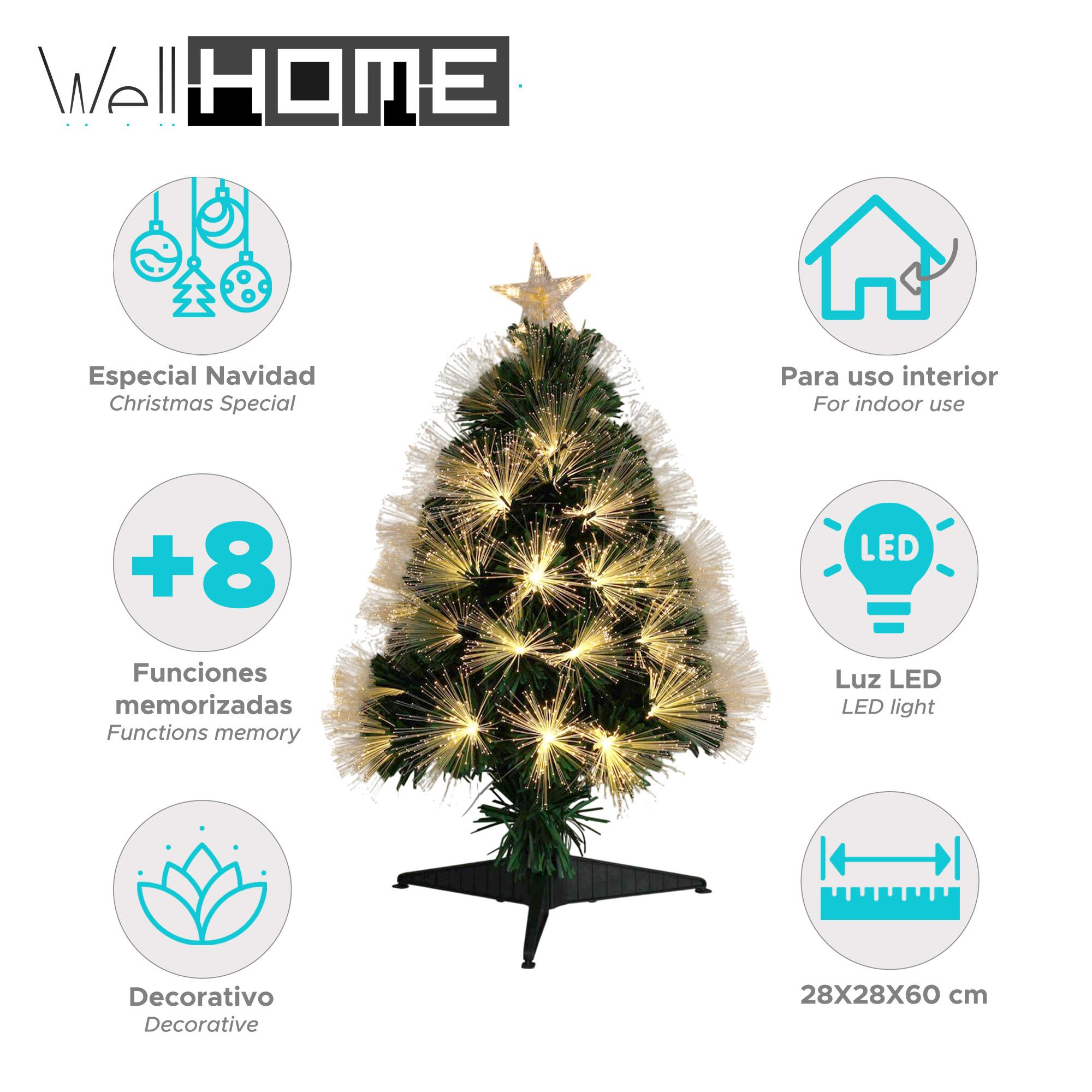 Un árbol de Navidad decorativo con estrella en la parte superior. Tiene luces y está etiquetado como 'Especial Navidad' y 'Luz LED'.