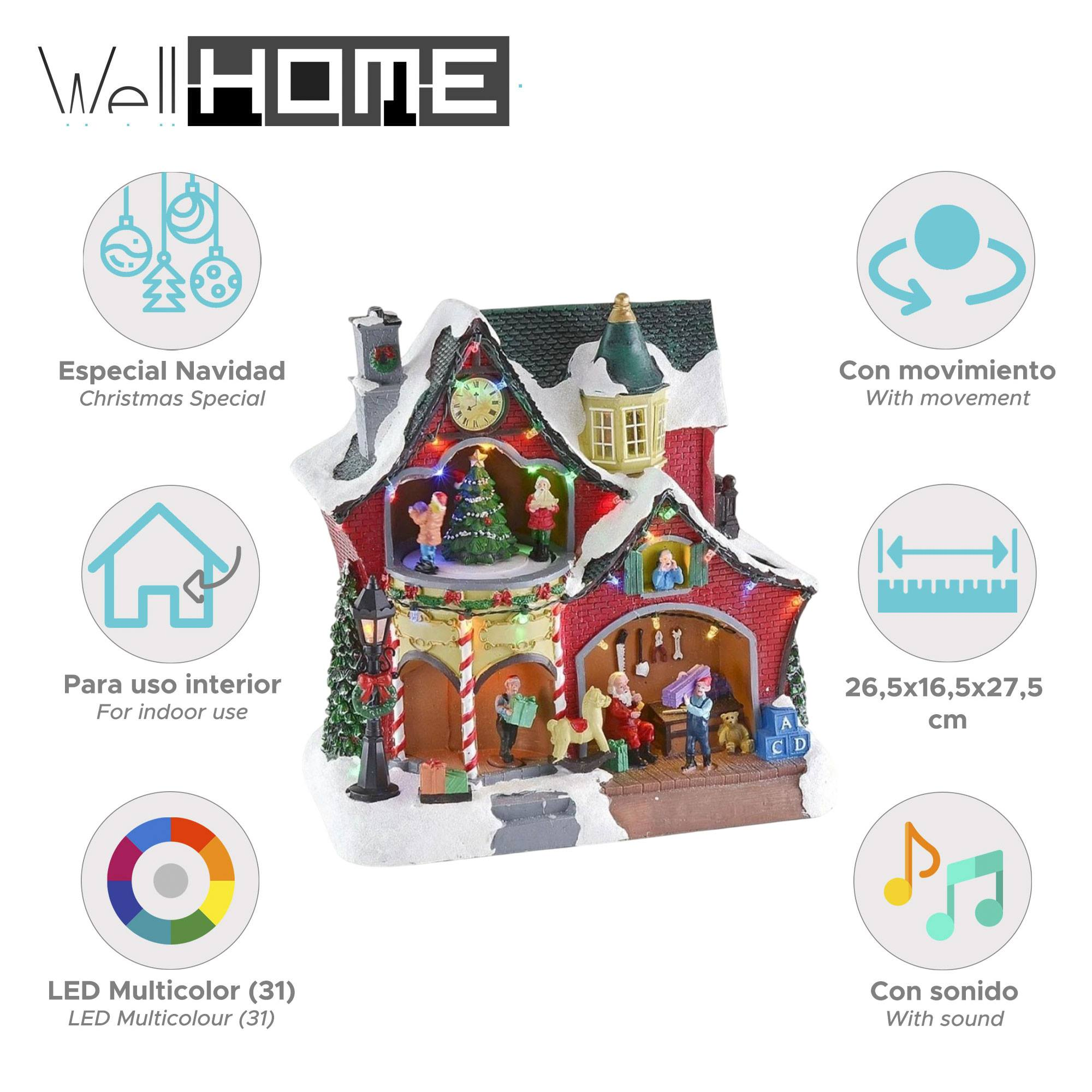 Casa navideña con figuras, luces y reloj. Tiene tejado rojo, árbol dentro y Papá Noel.