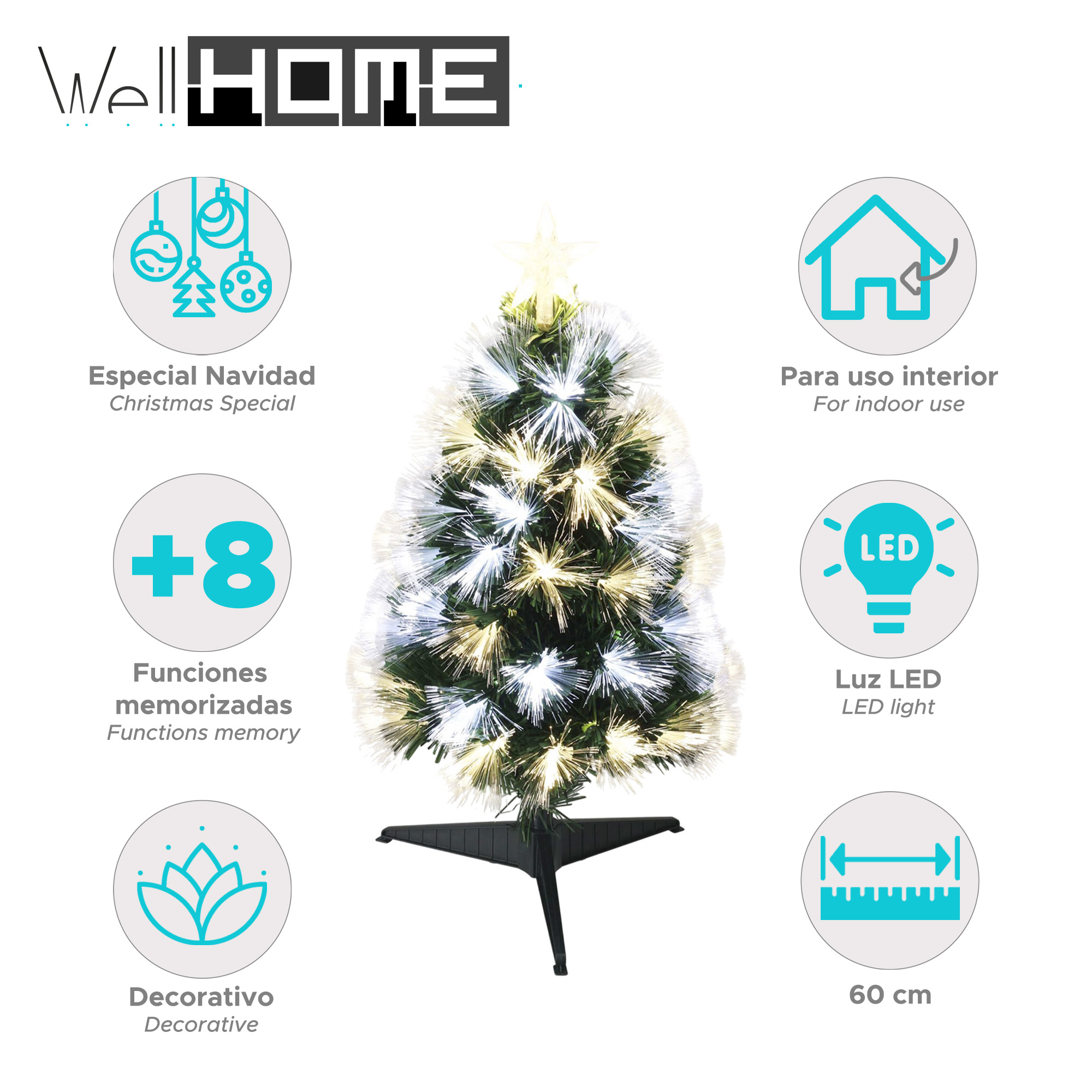 Un árbol de Navidad iluminado con luces blancas y amarillas, una estrella en la parte superior. Hay iconos informativos alrededor del árbol.