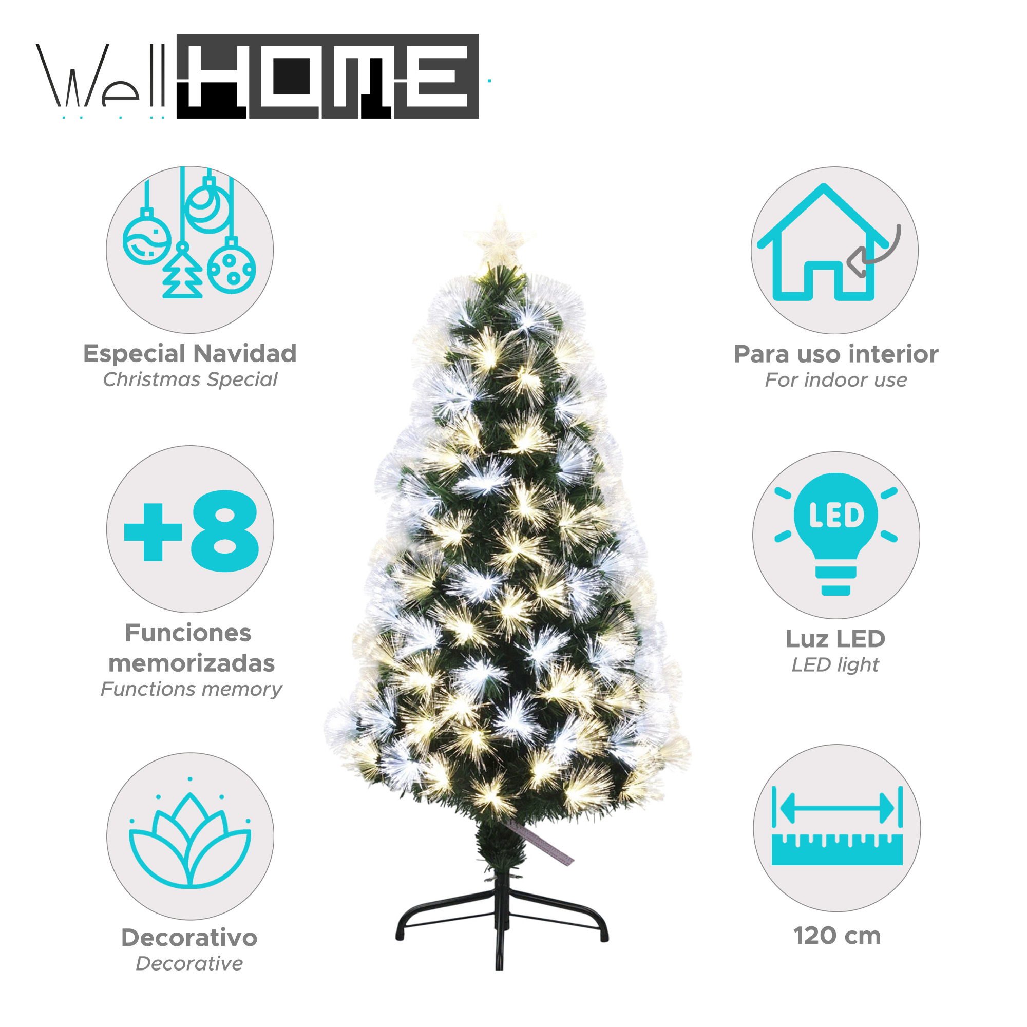 Árbol de Navidad, verde y blanco con luces, estrella en la parte superior. Incluye iconos de uso interior, luz LED y 120 cm.