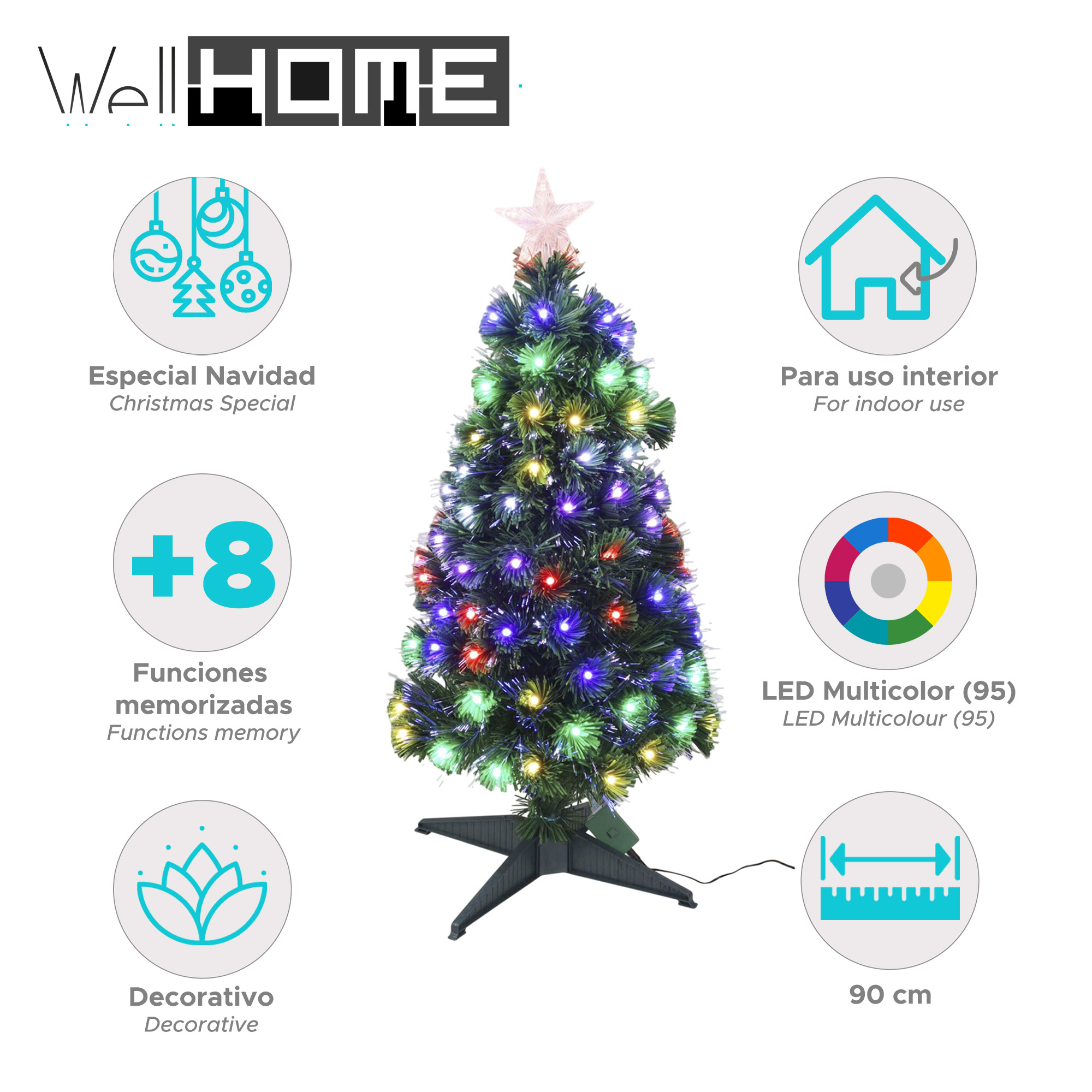 Un árbol de Navidad con luces LED de colores, una estrella en la parte superior y elementos decorativos. Mide 90 cm de alto.