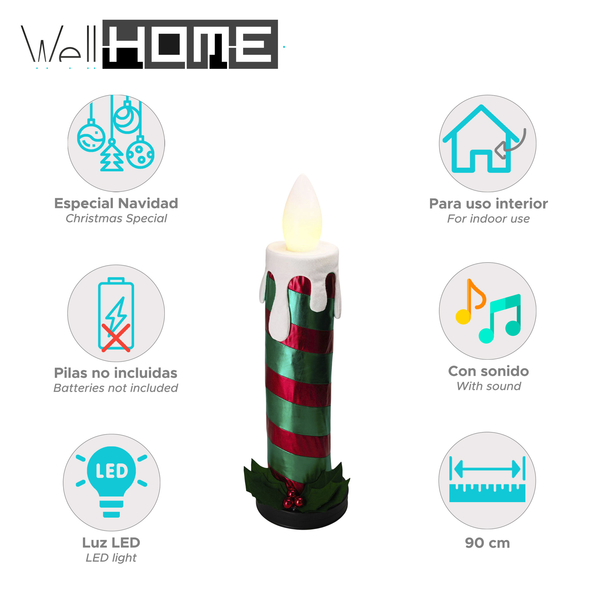 Una vela navideña decorativa. Es a rayas verdes y rojas, con una parte superior blanca y una luz en forma de llama.