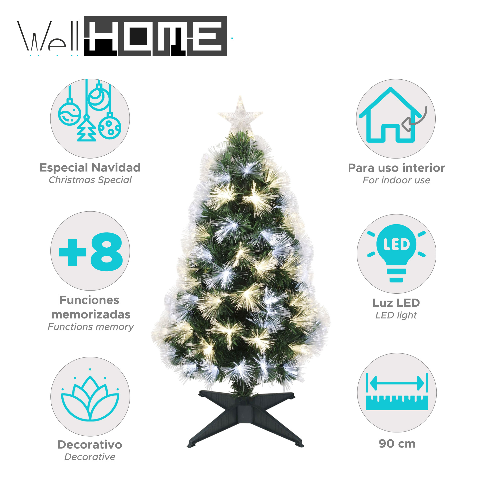 Un árbol de Navidad decorado con luces y una estrella. Tiene una base negra y decoraciones sobre fondo blanco.