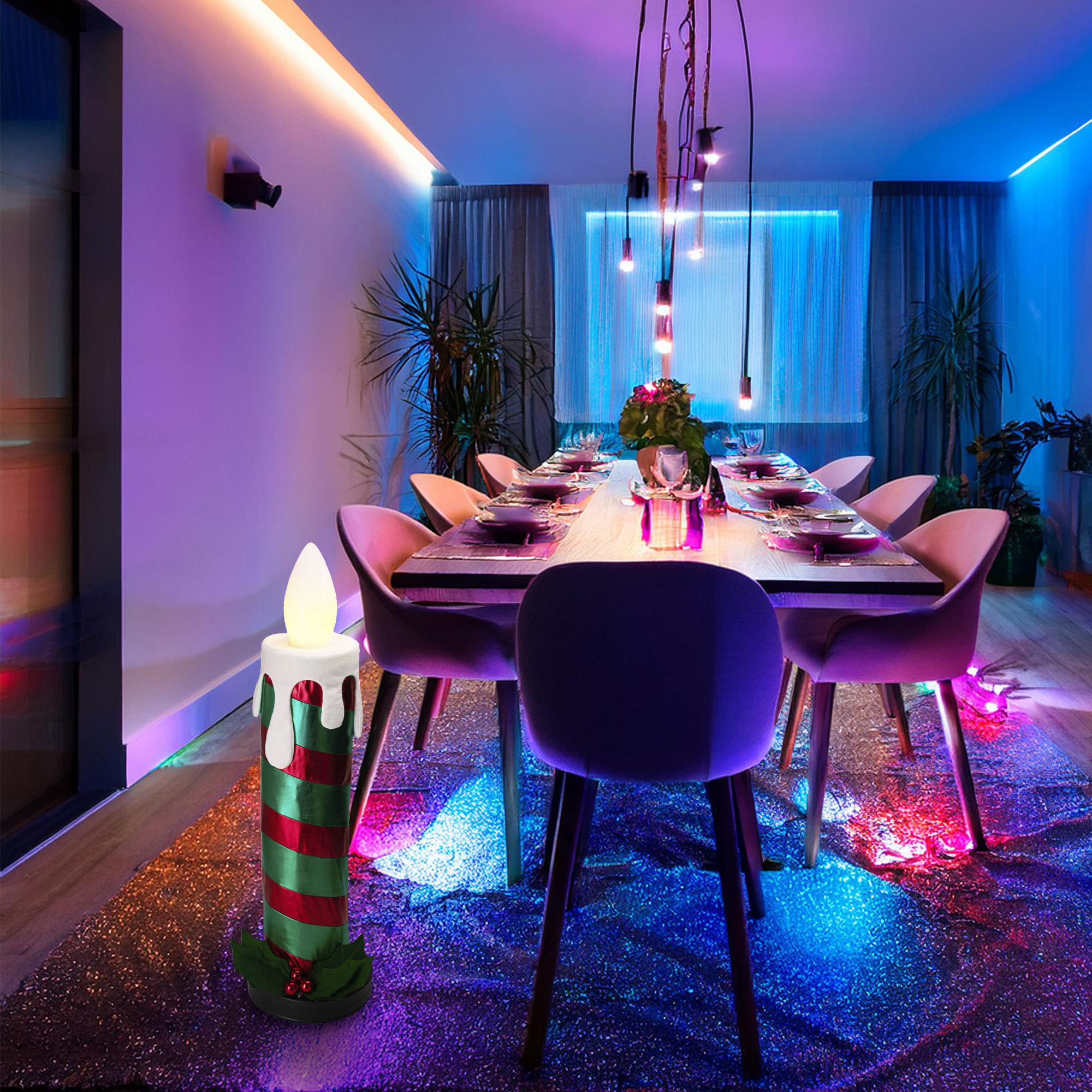 Un comedor con mesa decorada, una vela grande y sillas moradas. La habitación tiene un ambiente festivo y colorido.