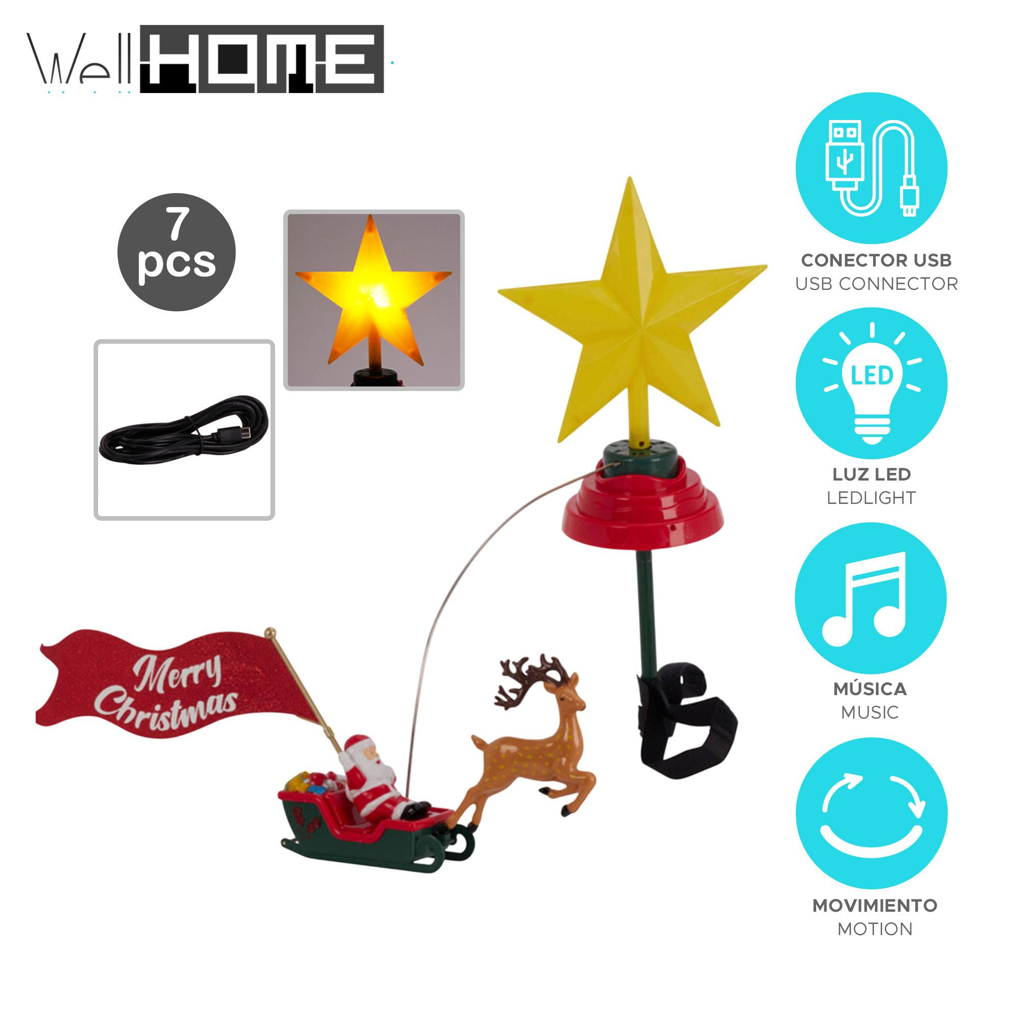 Adorno para árbol de Navidad con estrella amarilla, Papá Noel en trineo, reno y conector USB.