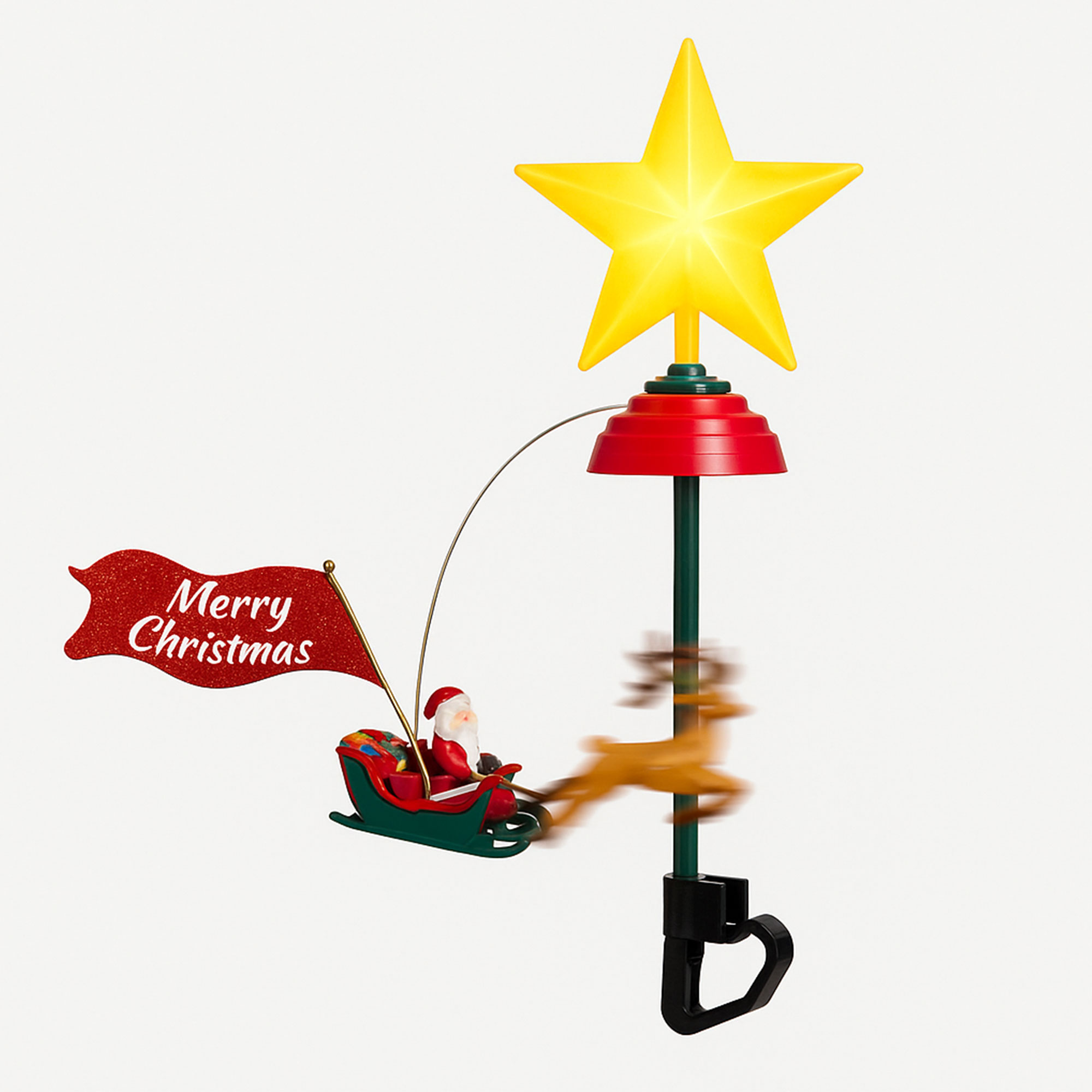 Adorno para árbol de Navidad con estrella, Papá Noel en trineo y renos. Bandera Feliz Navidad.