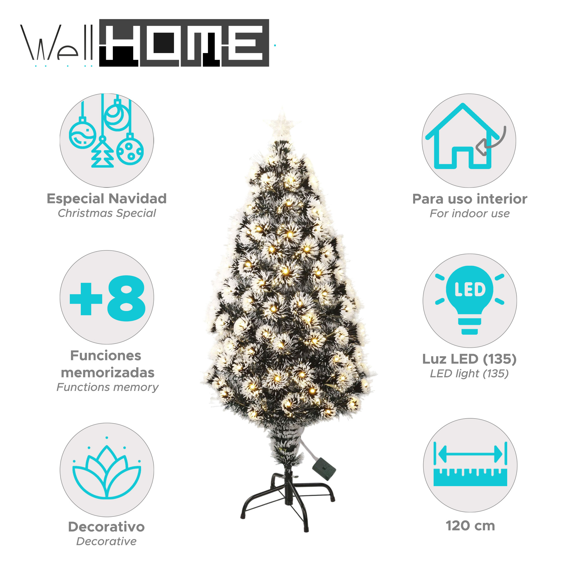 Se muestra un árbol de Navidad con luces. Mide 120 cm y es para uso en interiores. Edición especial de Navidad.