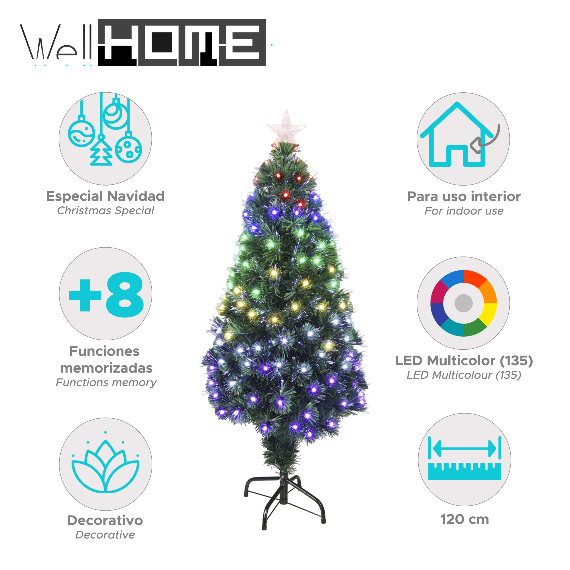 Árbol de Navidad con luces LED de colores, una estrella y un soporte negro. Mide 120 cm y es para uso interior.