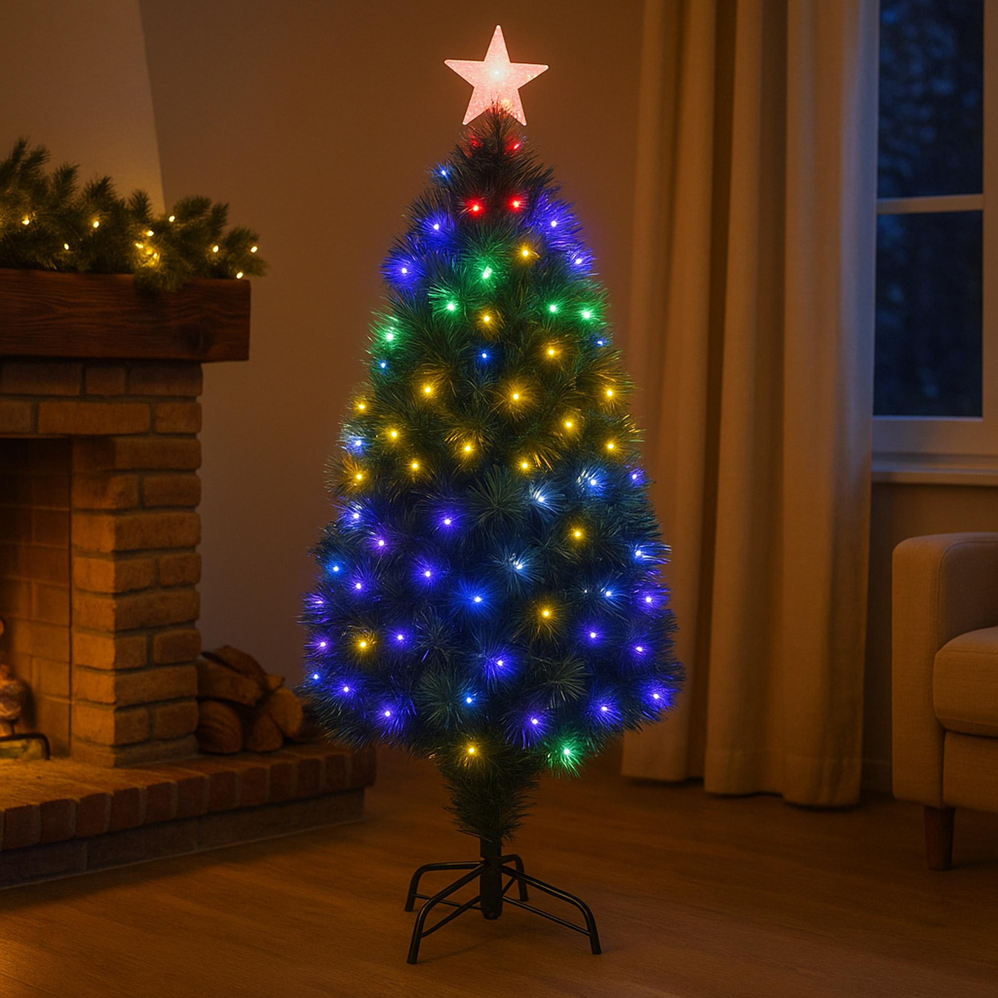 Un árbol de Navidad iluminado con luces de colores y una estrella en la parte superior está en una habitación. Hay una chimenea a la izquierda.