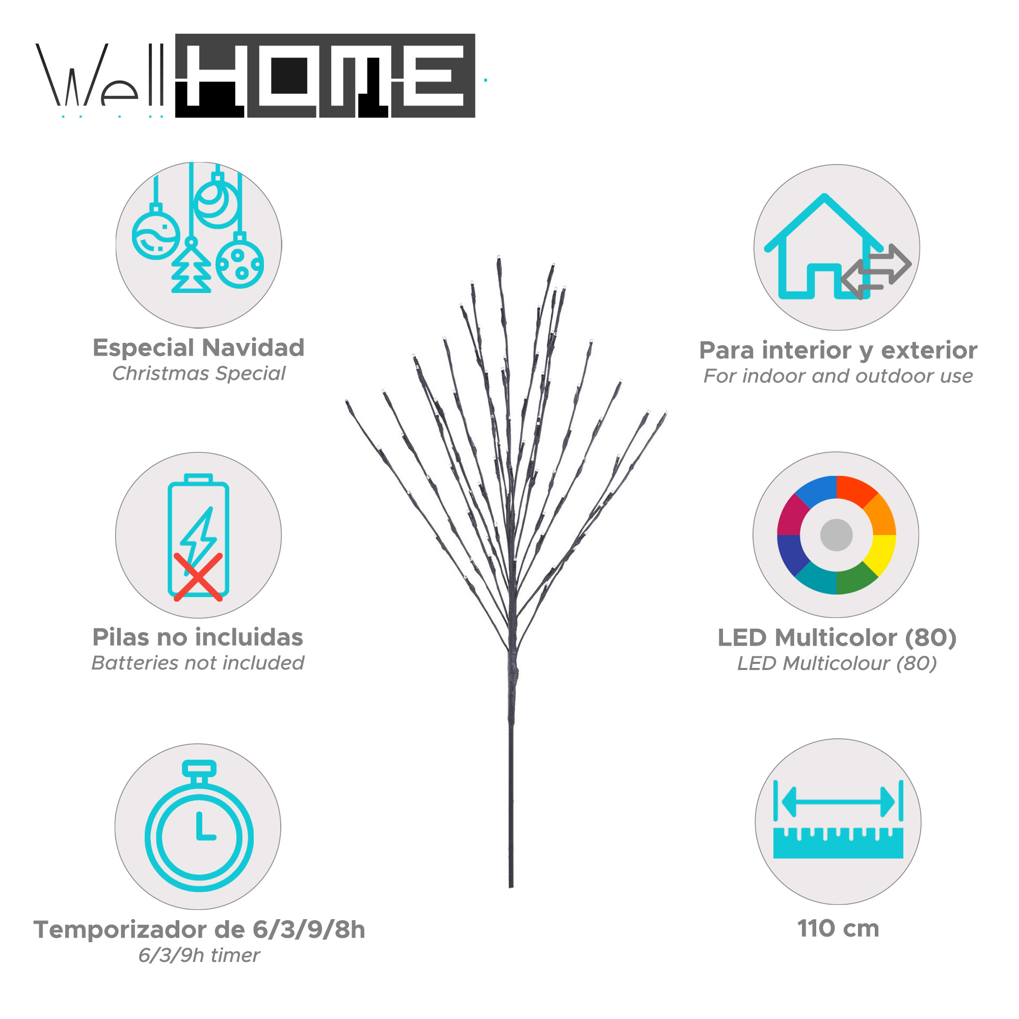 La imagen muestra una decoración navideña con varios iconos y texto, que indica funciones como temporizador, tamaño e iluminación LED.