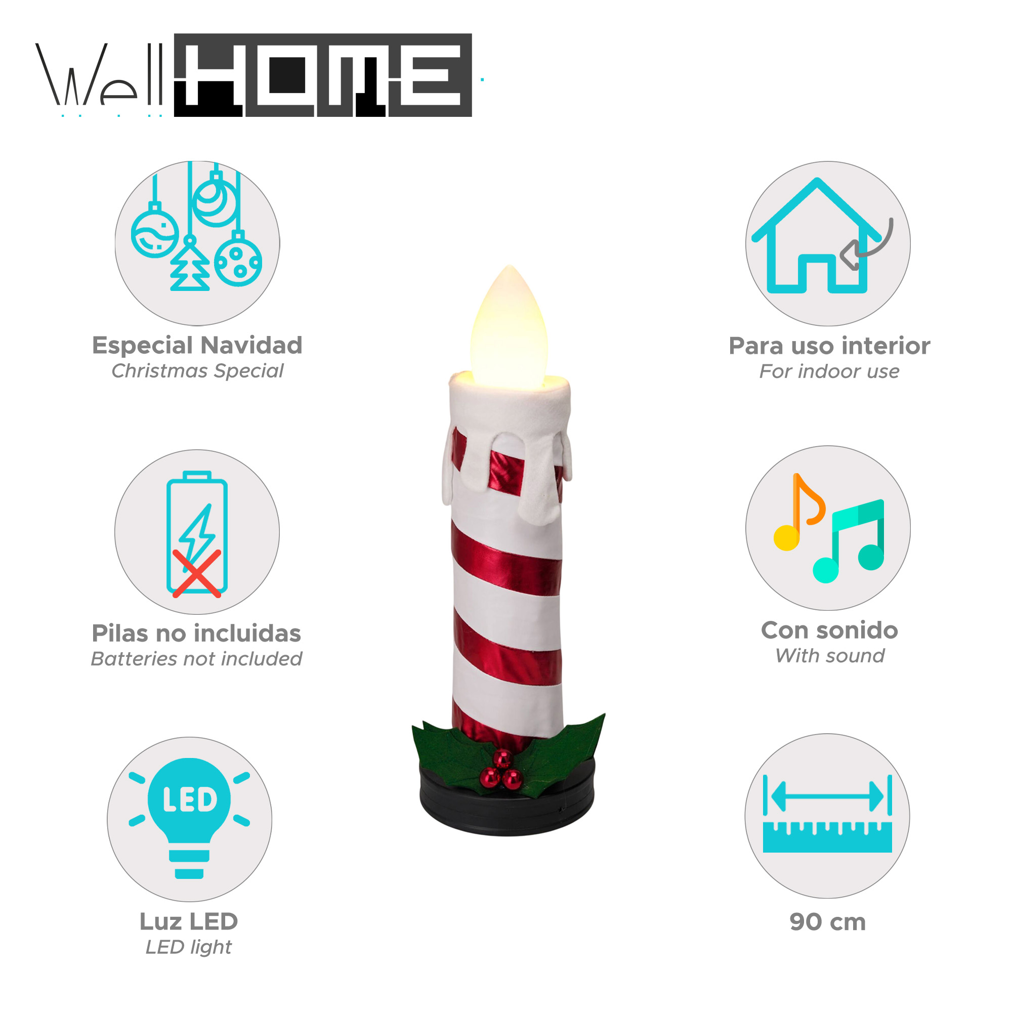 Una vela decorativa con rayas rojas y blancas, base verde y luz LED cálida. Mide 90 cm y es para uso interior.