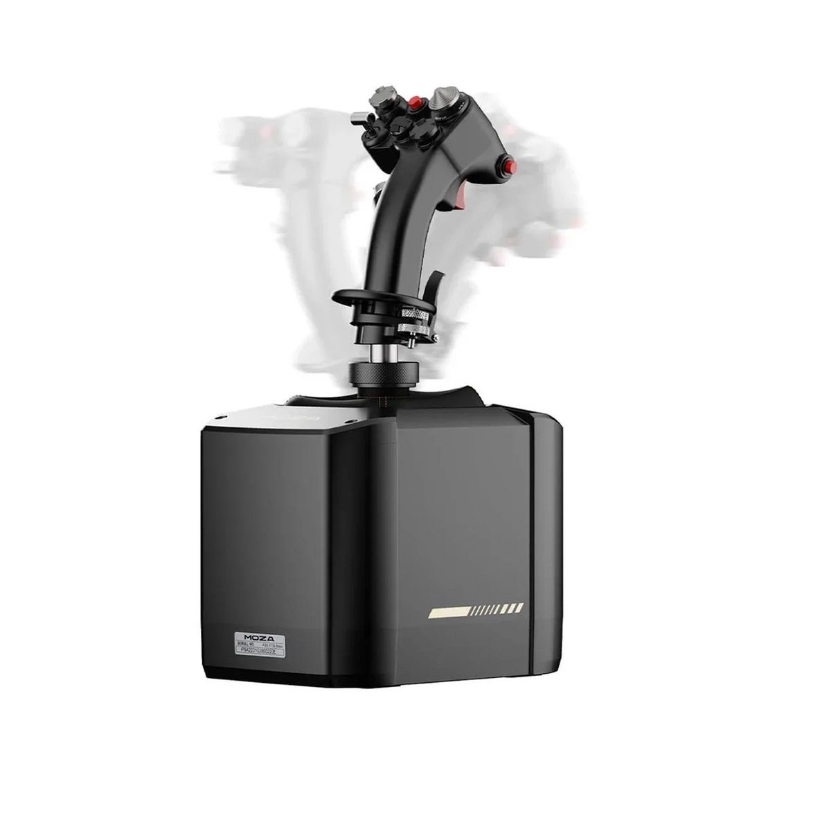 Zwarte flight simulator joystick met rode knoppen. Zwarte basis met witte strepen. Fantoombeeld van joystick erachter.