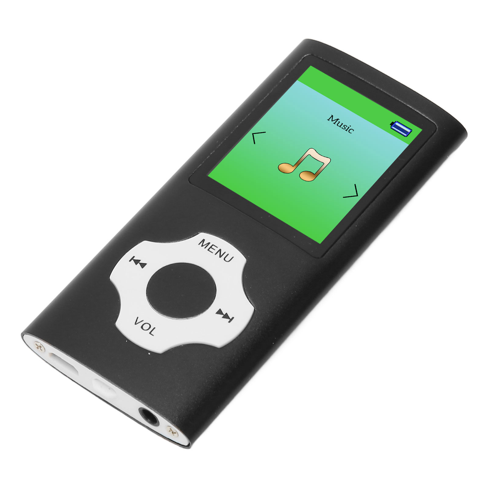 Un lettore MP3 nero con uno schermo che mostra un'icona di nota musicale. Pulsanti per menu e volume visibili.