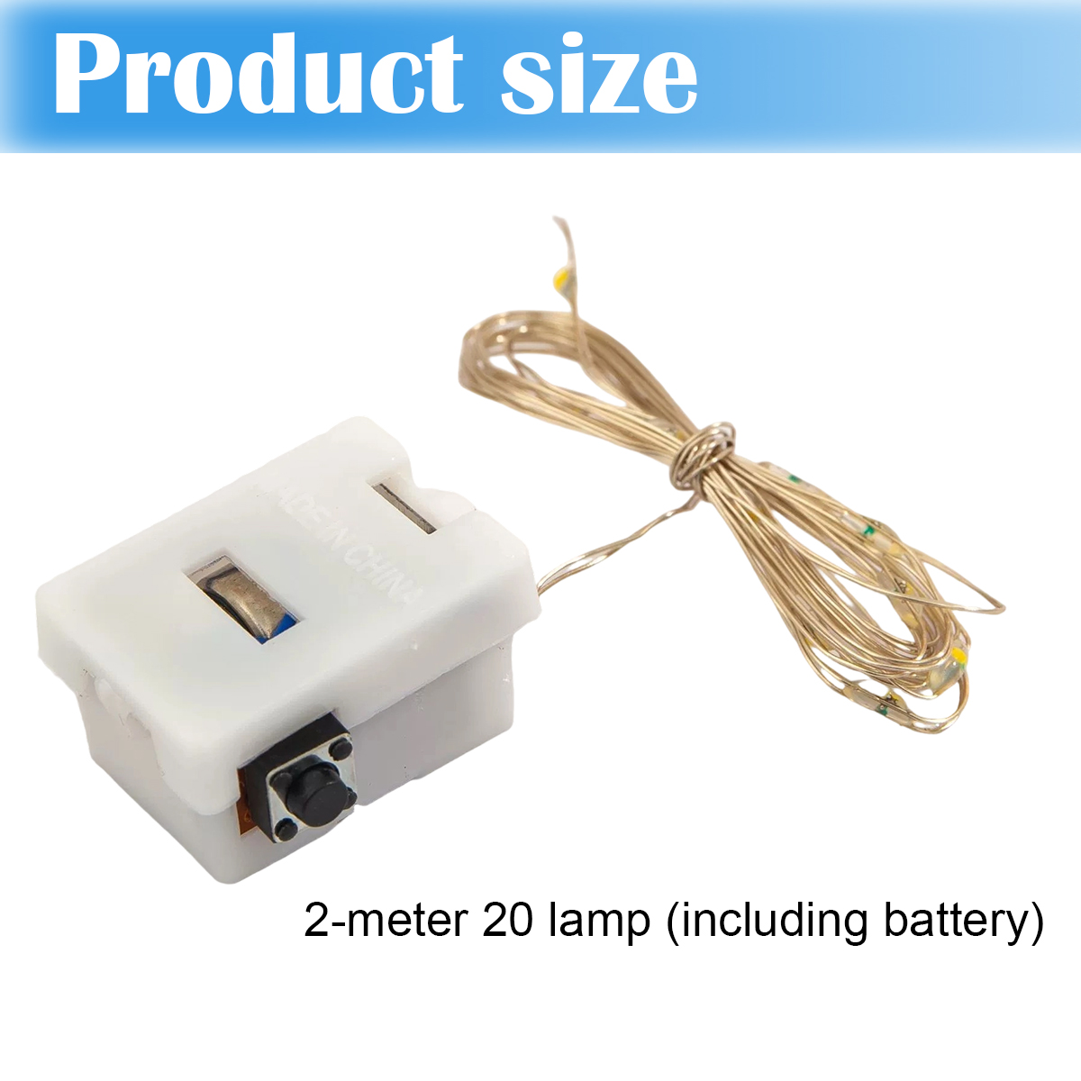 Weißer Akku-Pack mit schwarzem Knopf und eine Reihe von LED-Lichtern. Text oben lautet "Produktgröße".