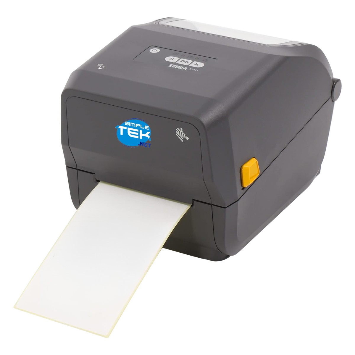 Una stampante di etichette Zebra ZD421 grigia con un'etichetta che esce. Ha un logo Simple Tek blu e bianco e un pulsante giallo.