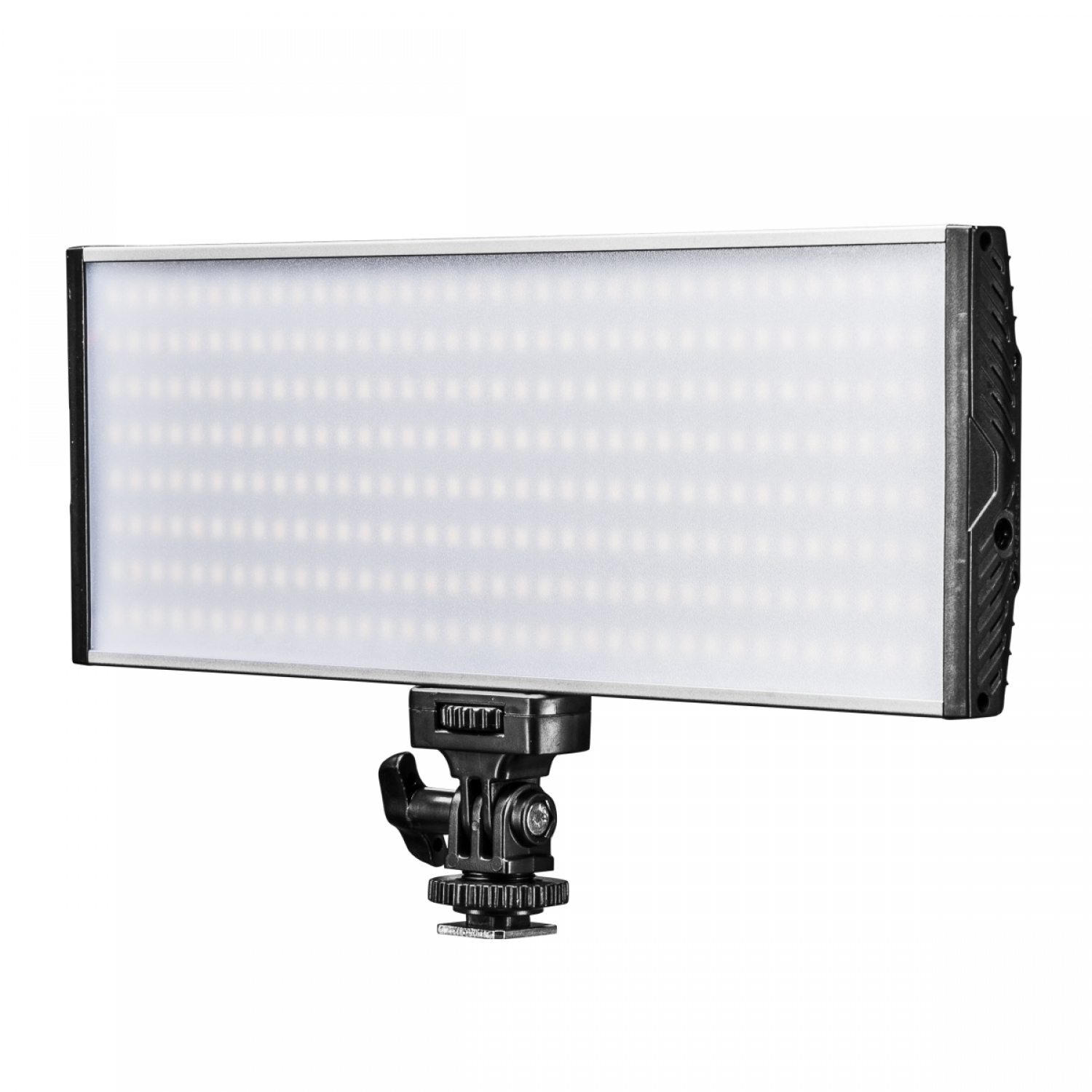 Rechteckige LED-Leuchte mit Halterung für die Fotografie. Es hat viele kleine Lichter und eine schwarze Halterung.