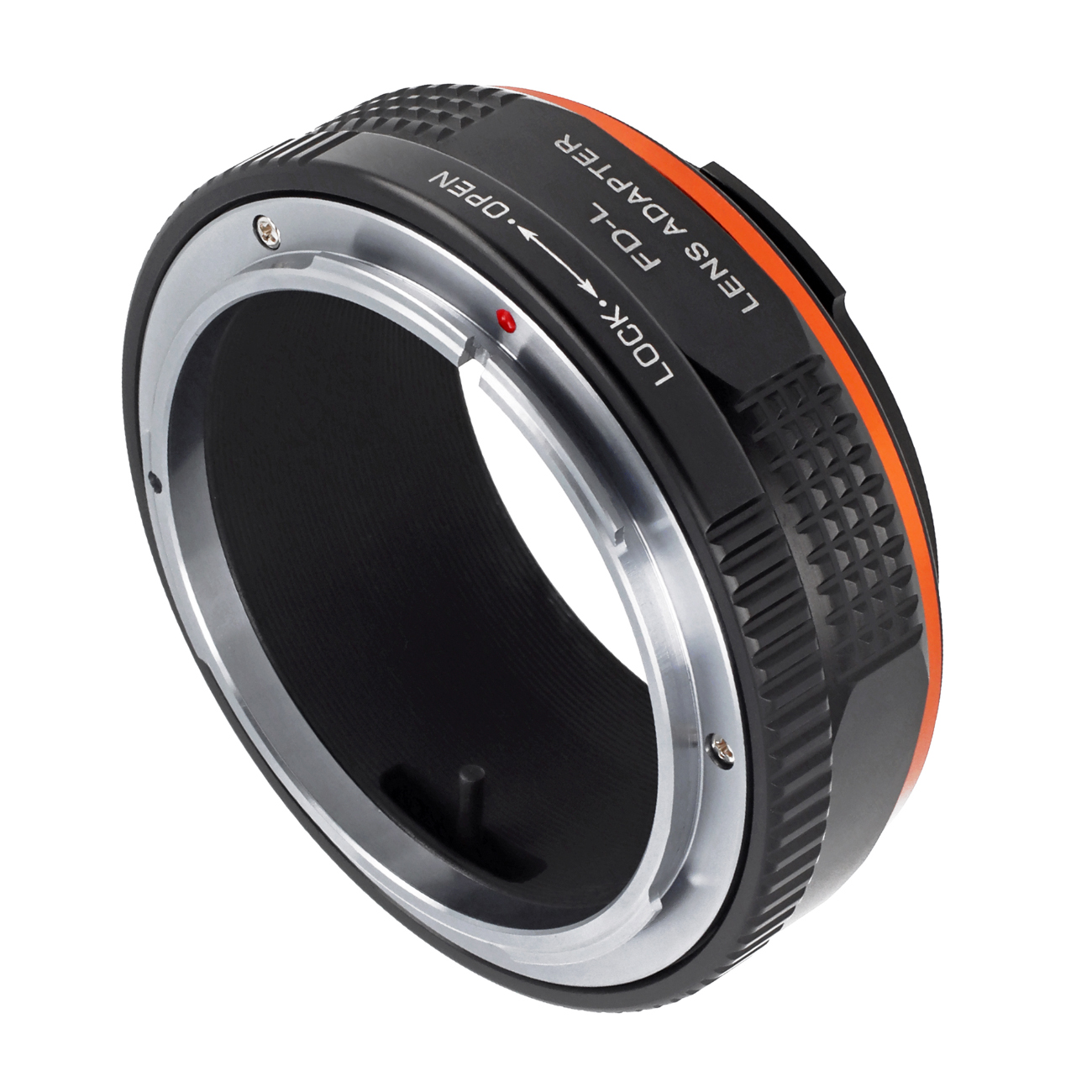 Schwarzer Objektivadapter mit silbernen Ringen und orangefarbenen Akzenten. Text enthält 'FD-L LENS ADAPTER' und 'LOCK'. Isoliert auf weißem Hintergrund.