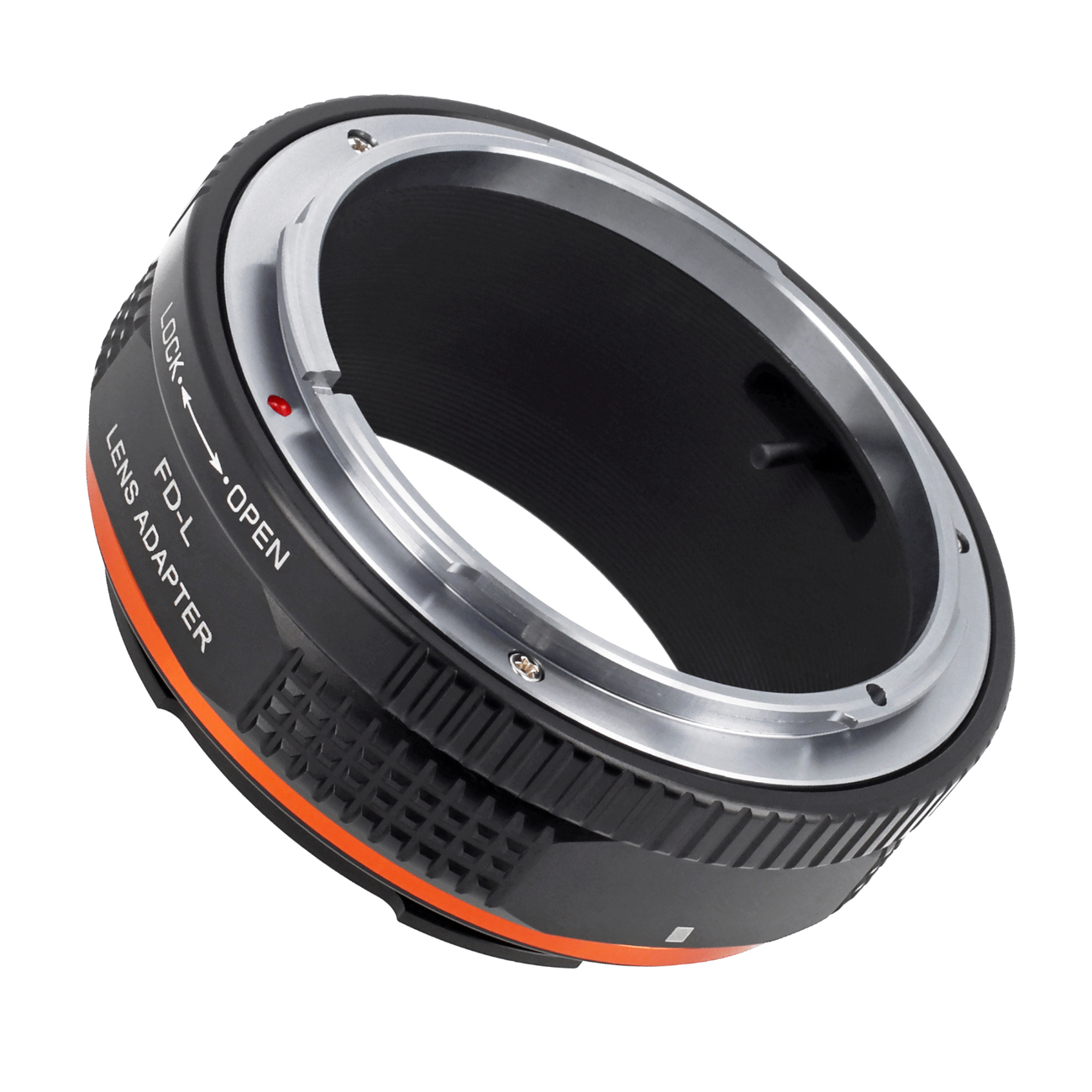 Ein schwarzer und silberner Objektivadapter. Er hat orangefarbene Akzente und die Aufschrift 'FD-L' und 'Lens Adapter'. Er befindet sich auf weißem Hintergrund.