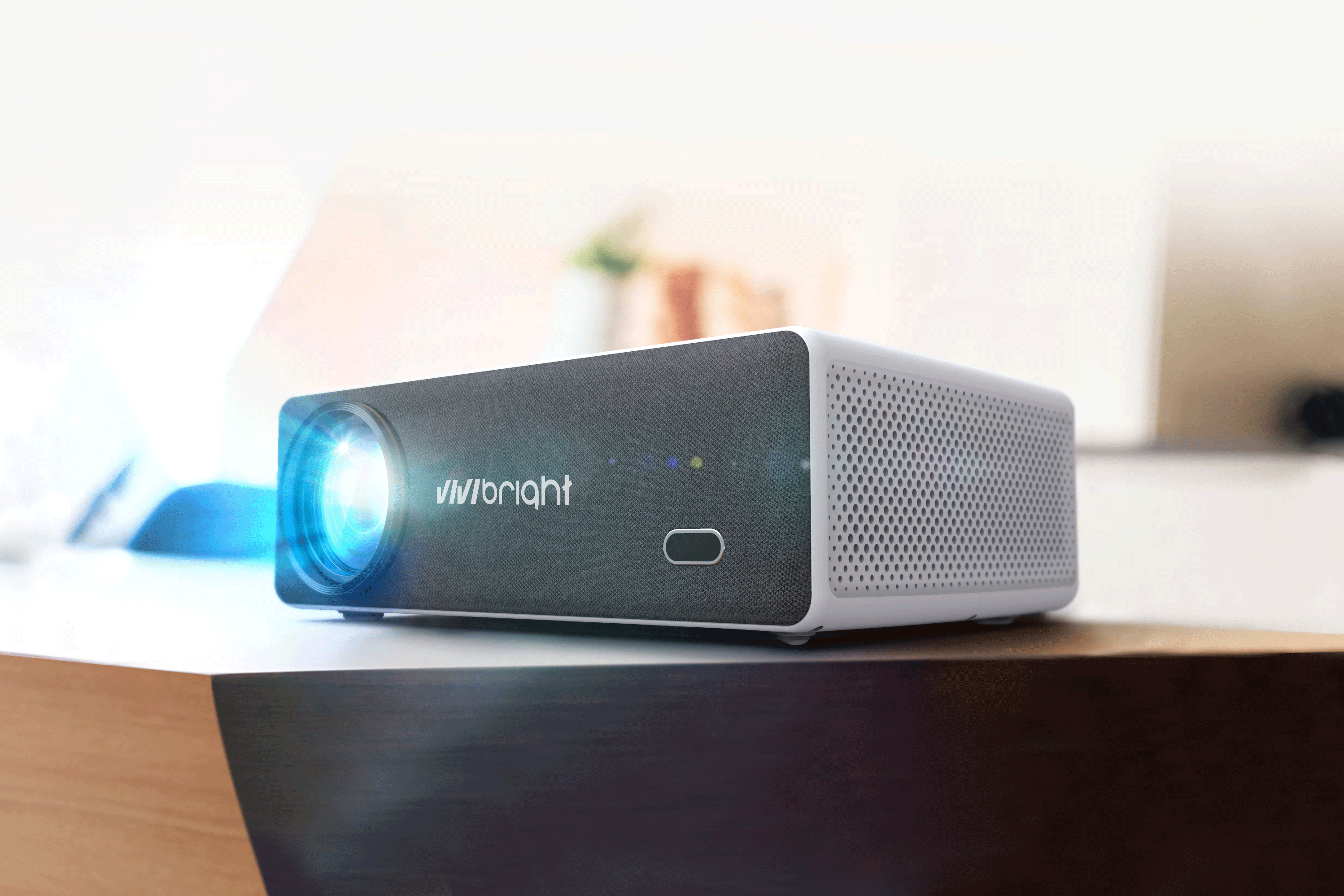 Un proyector blanco y gris con la palabra "vivbright", proyectando una luz azul, se encuentra sobre una mesa.