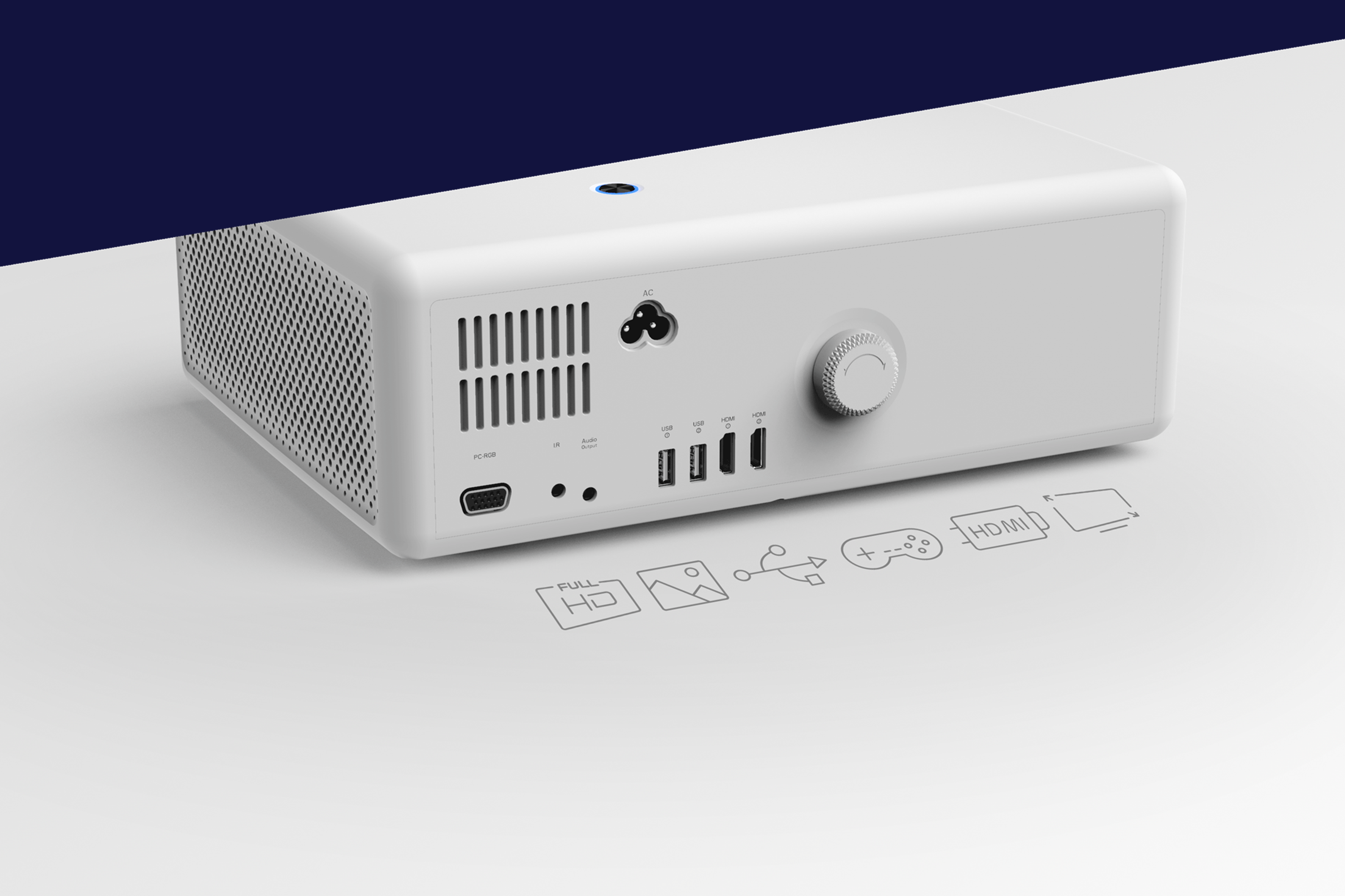 Ein weißer Projektor mit Lüftungsschlitzen, Anschlüssen und einem Drehregler. Symbole für HDMI und Full HD.