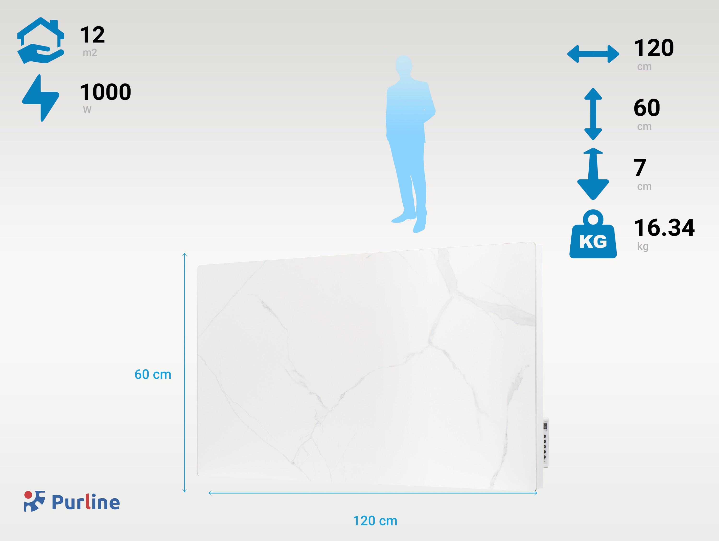Un calentador rectangular blanco con un patrón de mármol, se muestran las dimensiones, junto con una silueta humana azul.