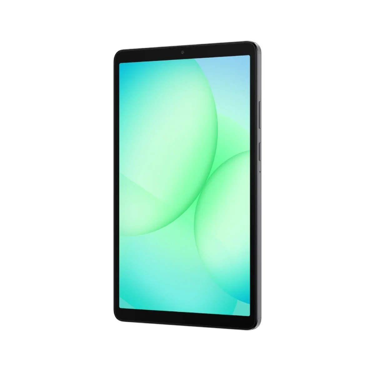 Een tablet met een zwart frame, het scherm toont groene en blauwe bellen. De achtergrond is wit.