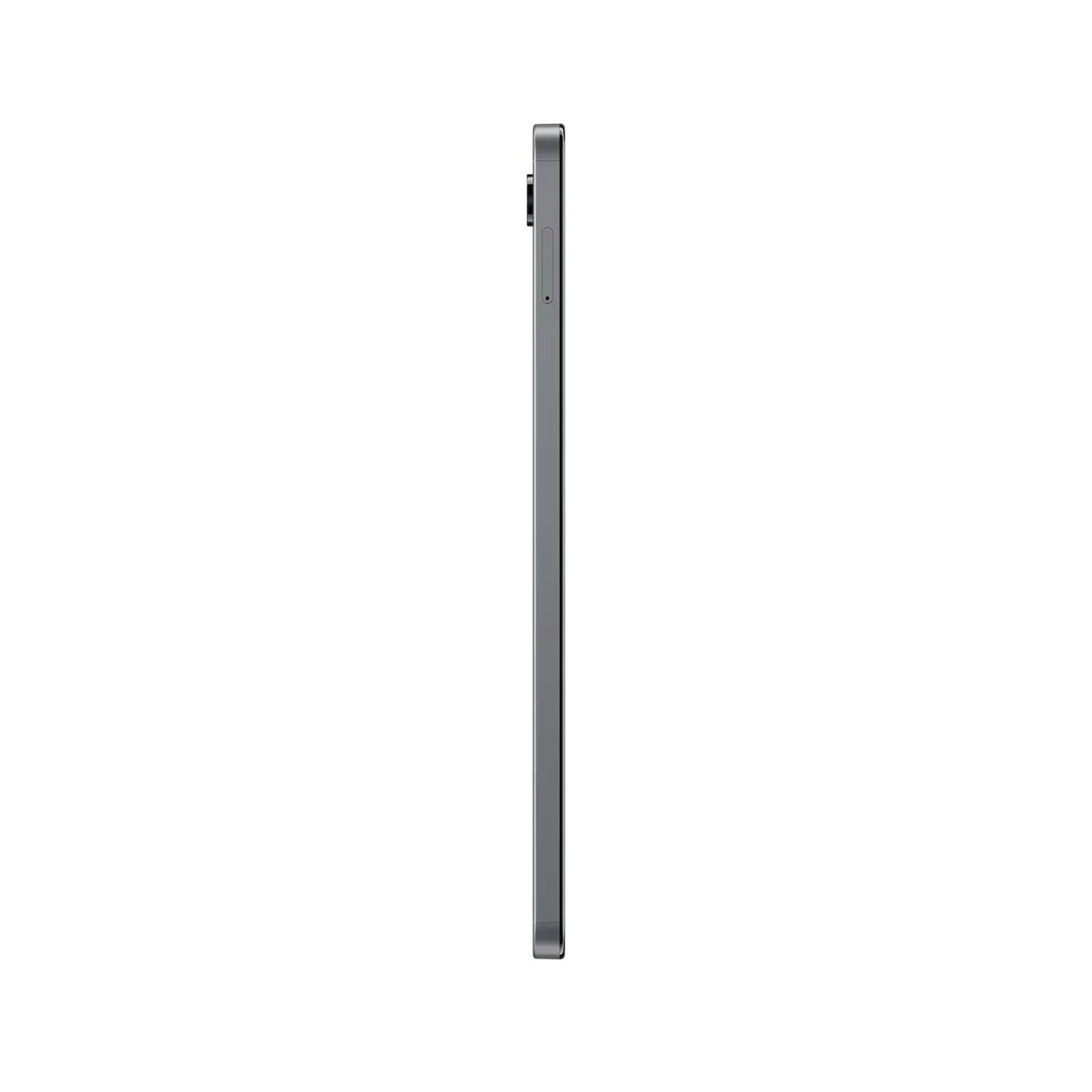 Een tablet in zijaanzicht. Het is zilverkleurig en heeft een camera en knoppen. De achtergrond is wit.