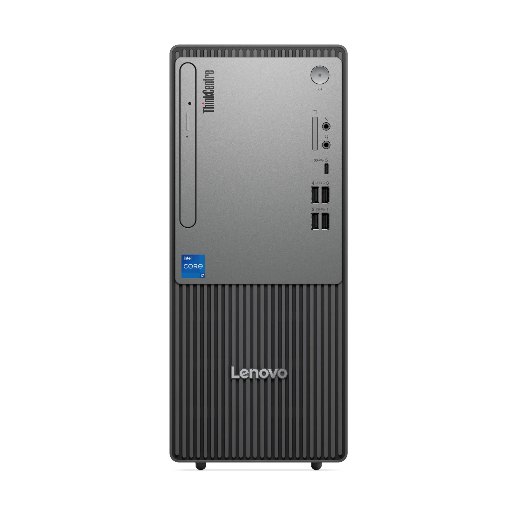 Un computer desktop Lenovo ThinkCentre. È grigio e nero con il logo Lenovo in basso. La parte anteriore ha delle porte.